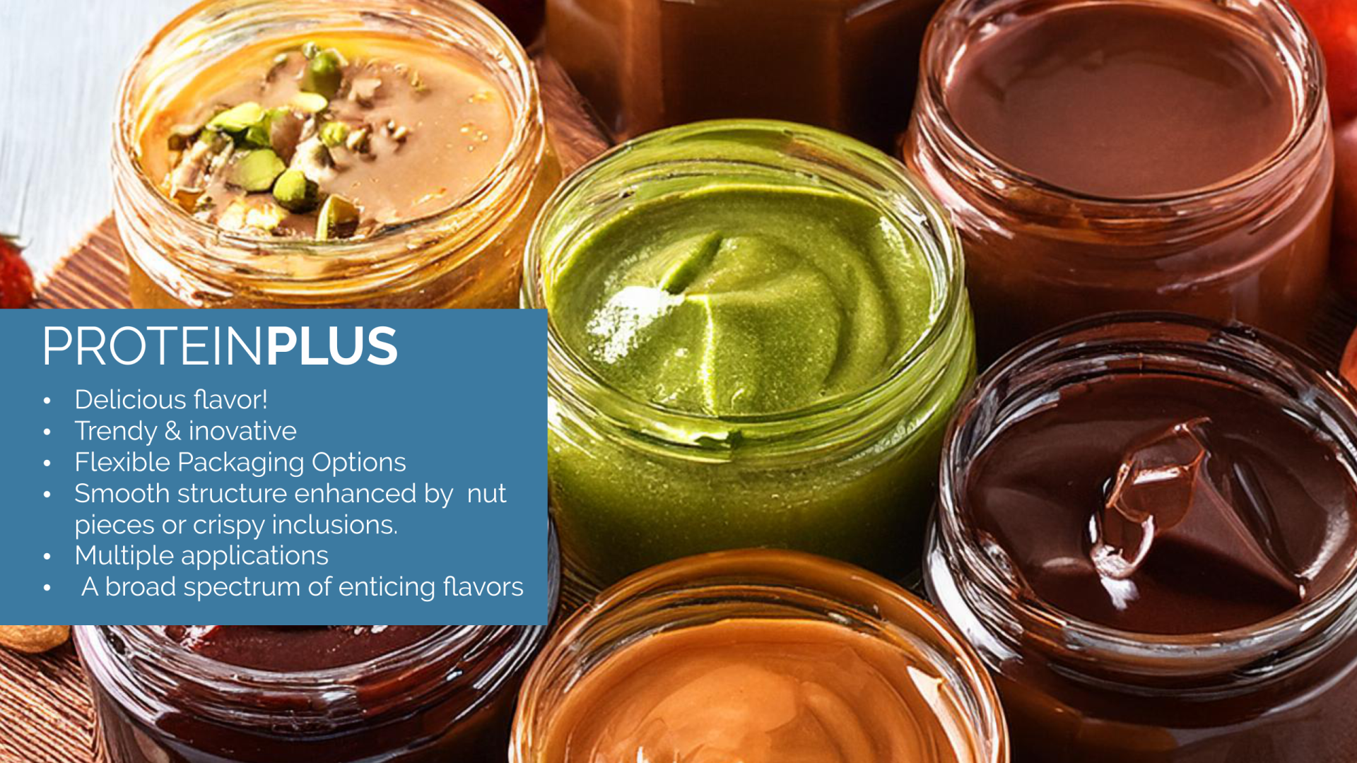 Open jars filled with various nut-based spreads in different colors and textures, including green, brown, and beige, with a blue text box listing features of PROTEINPLUS spreads.