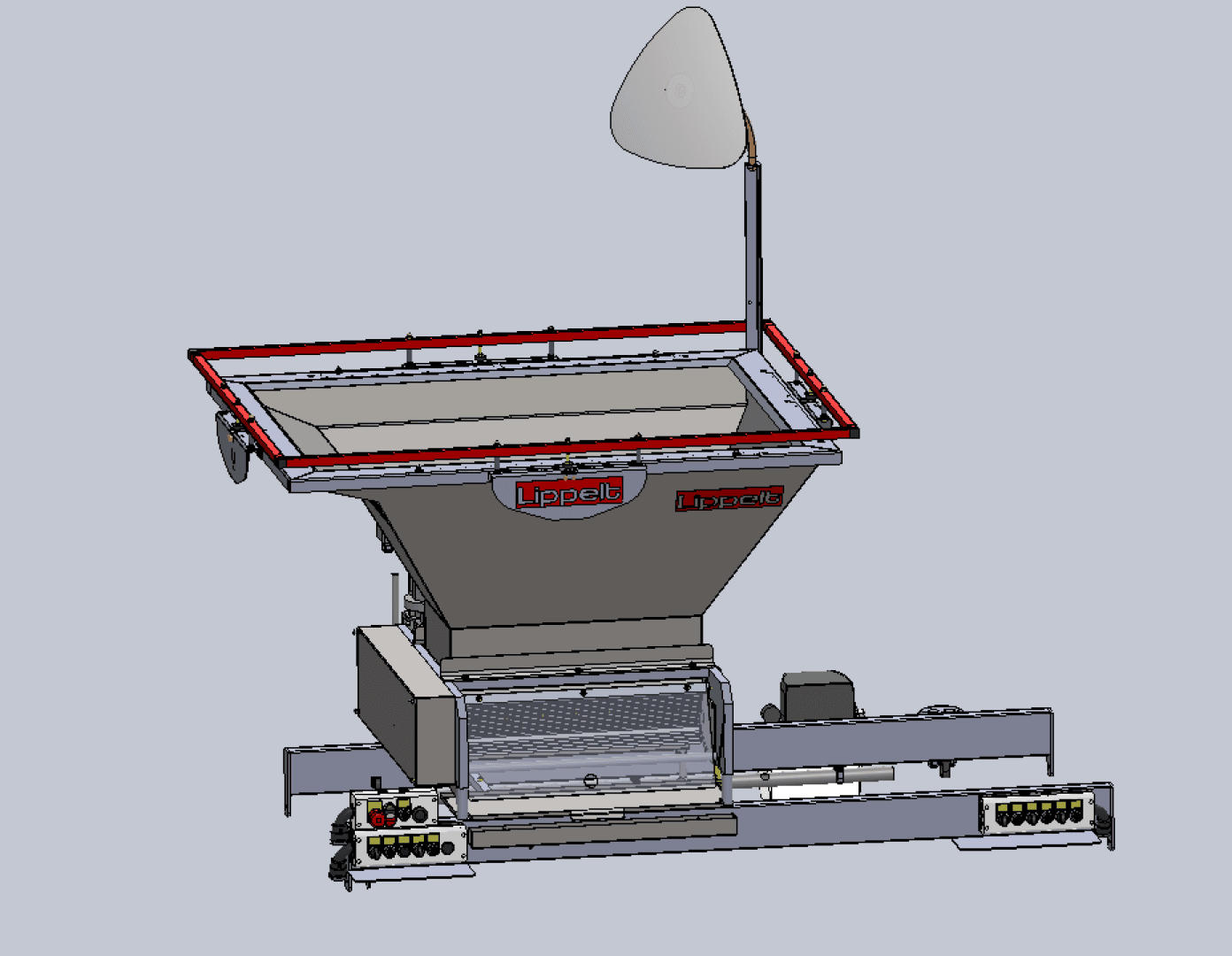 A 3D model of an industrial machine labeled Lipelt, featuring a large rectangular hopper, red frame, control panel, conveyor section, and an overhead triangular reflector or cover.