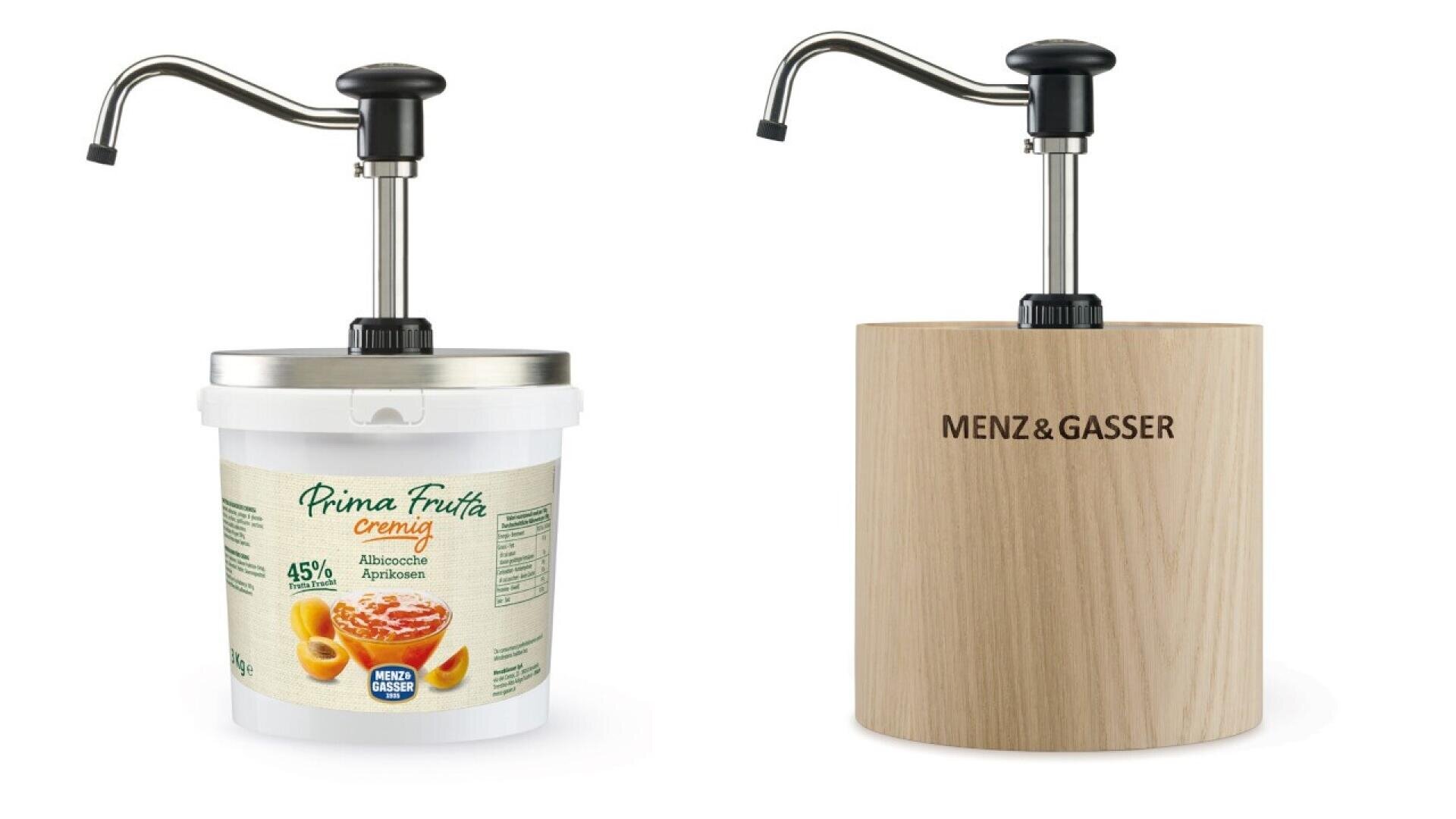 Two syrup dispensers are shown: one with a white plastic container labeled Prima Frutta Cremig with images of apricots, and one with a wooden-style container labeled MENZ & GASSER. Both have metal pump tops.