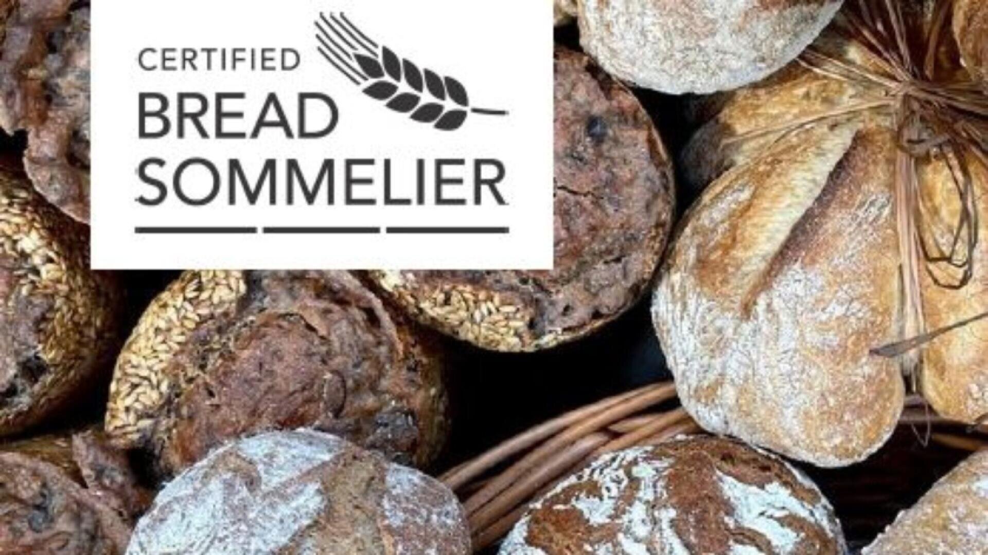 A variety of rustic loaves of bread in a basket, next to a logo that reads Certified Bread Sommelier with an illustration of a wheat stalk.