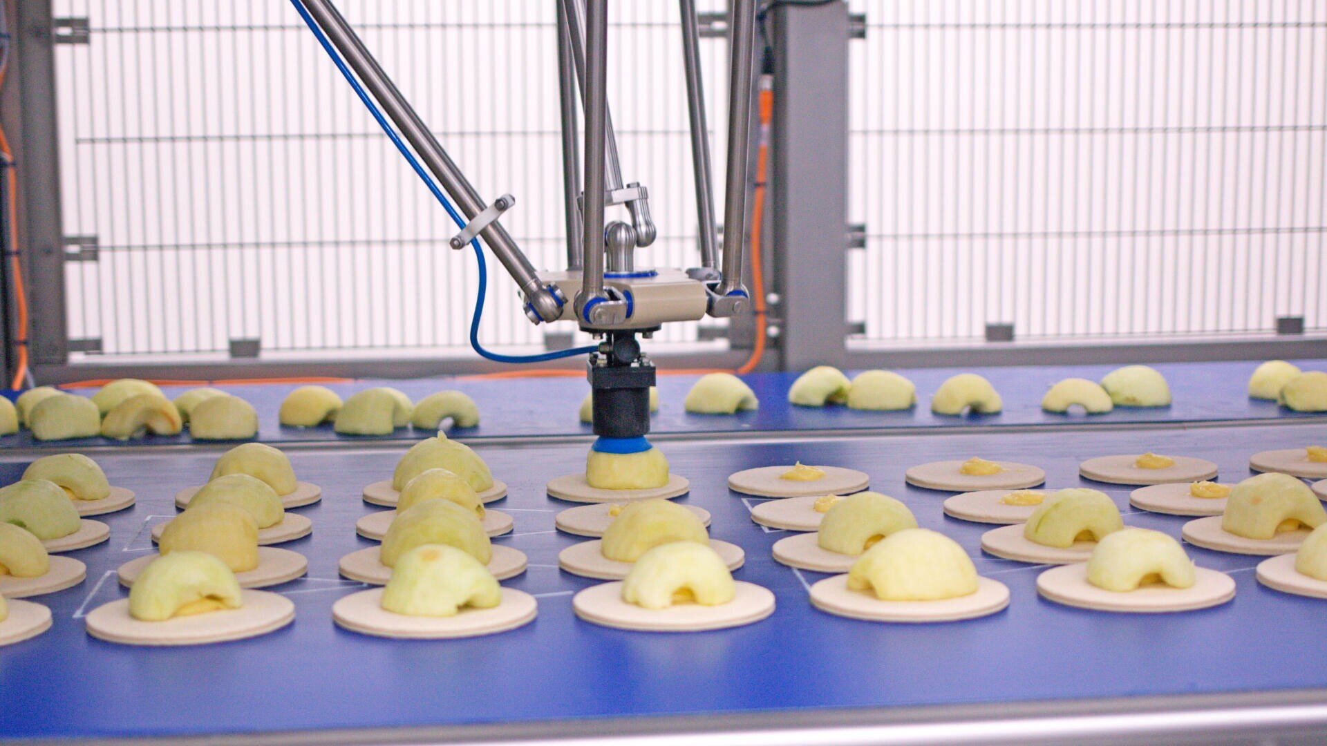A robotic arm sorts or picks up pieces of food, possibly pastries or dough, from a conveyor belt in an automated food processing facility.