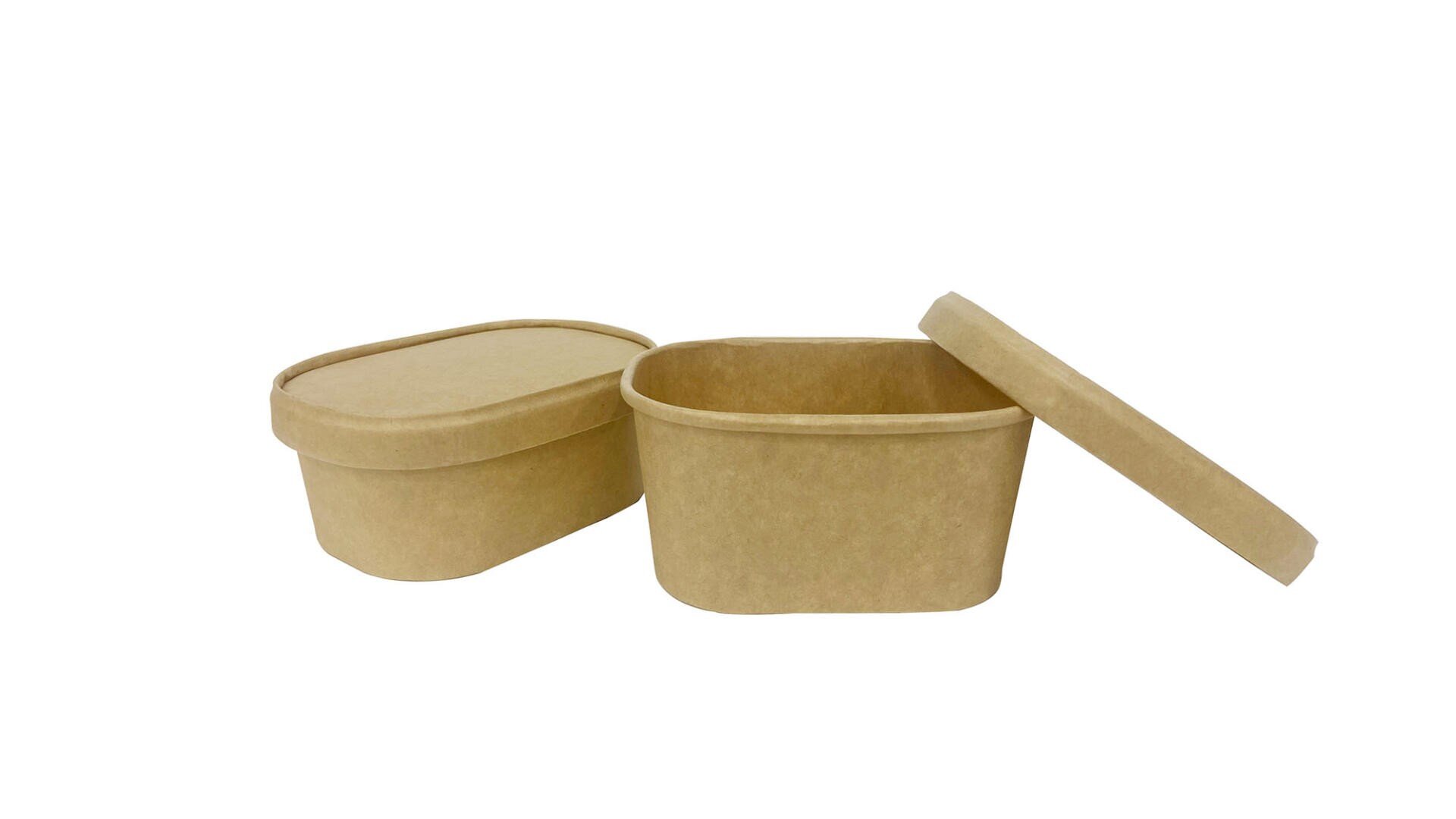 Two brown, rectangular cardboard containers are shown. One container is closed with its lid on, while the other is open with its lid resting beside it on a white background.