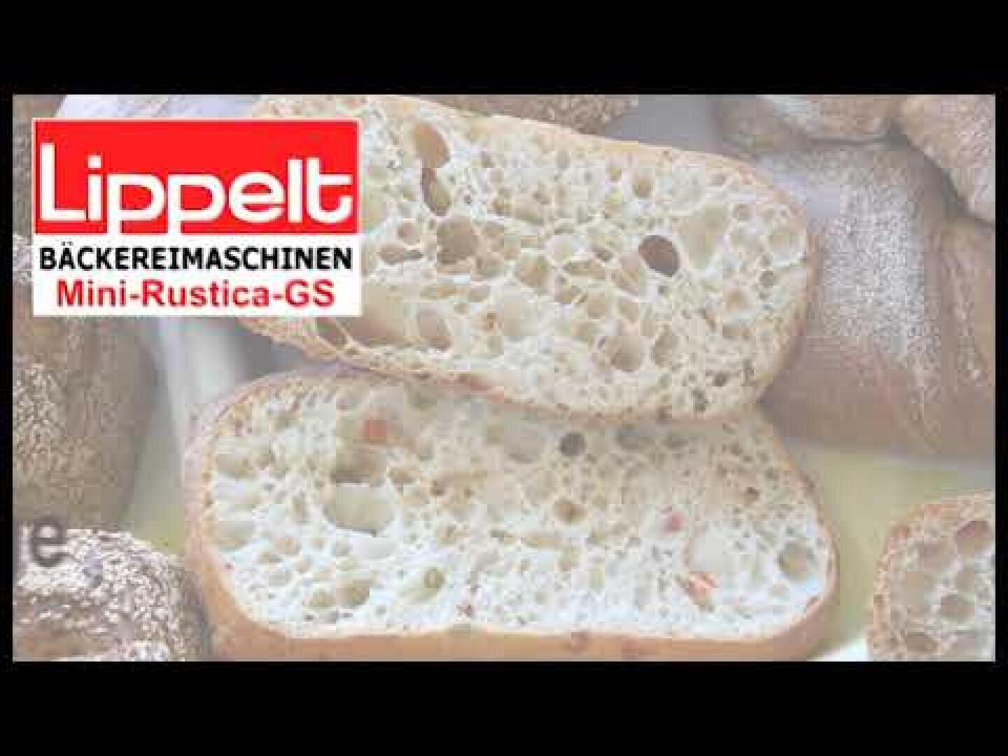 Two slices of rustic bread with an open crumb are shown close up. In the top left corner, the red and white logo Lippelt Bäckereimaschinen Mini-Rustica-GS is visible.