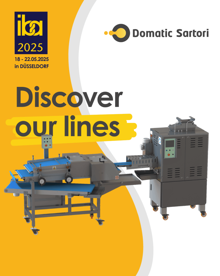 Werbeplakat für die ITA 2025 in Düsseldorf von Domatic Sartori mit Industriemaschinen und dem Text „Entdecken Sie unsere Linien“ in fetten gelben und schwarzen Buchstaben.