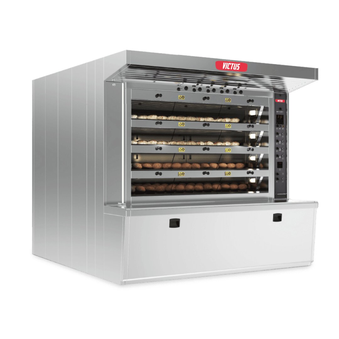 A large, stainless steel commercial bread oven with multiple shelves, each filled with loaves of bread. The oven has a digital control panel on the right and the brand name “Victus” displayed on top.