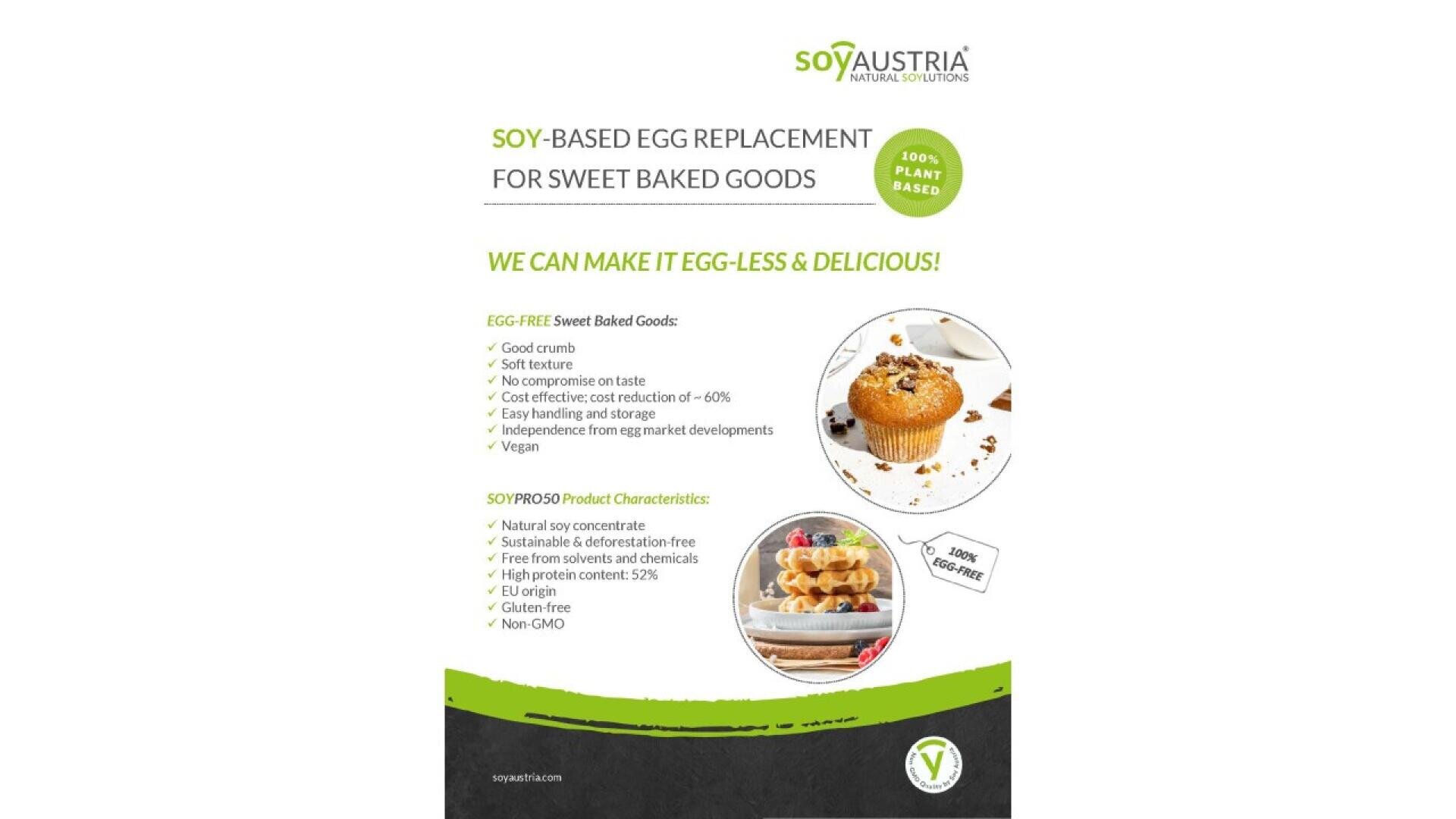 Flyer für Soy Austria's Ei-Ersatz auf Sojabasis für süße Backwaren, mit Vorteilen, Muffin- und Waffelbildern und hervorgehobenen Produkteigenschaften wie pflanzlich, allergenfrei und gentechnikfrei.