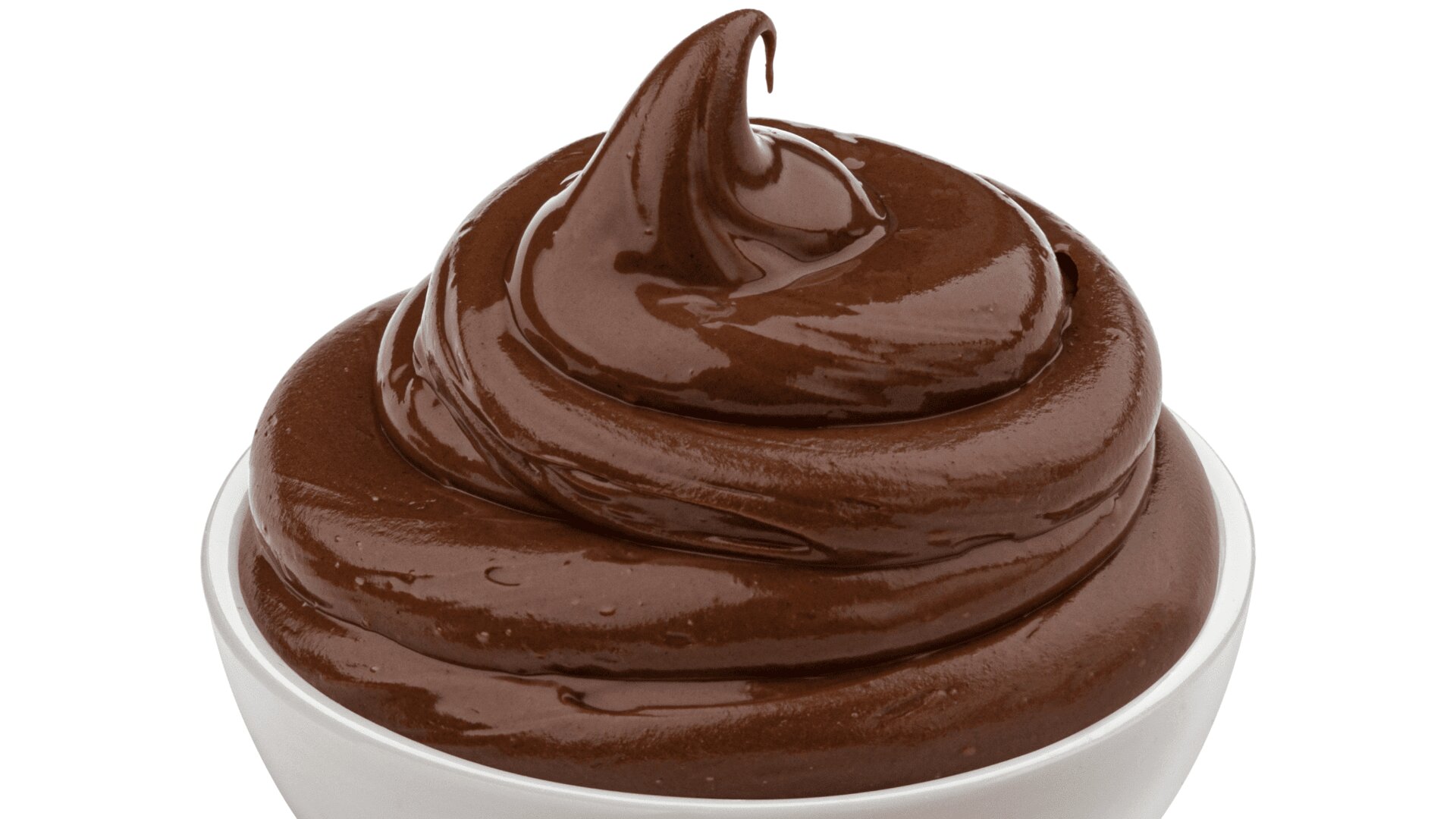 A close-up of a swirl of smooth, glossy chocolate pudding or mousse in a white bowl, against a white background.