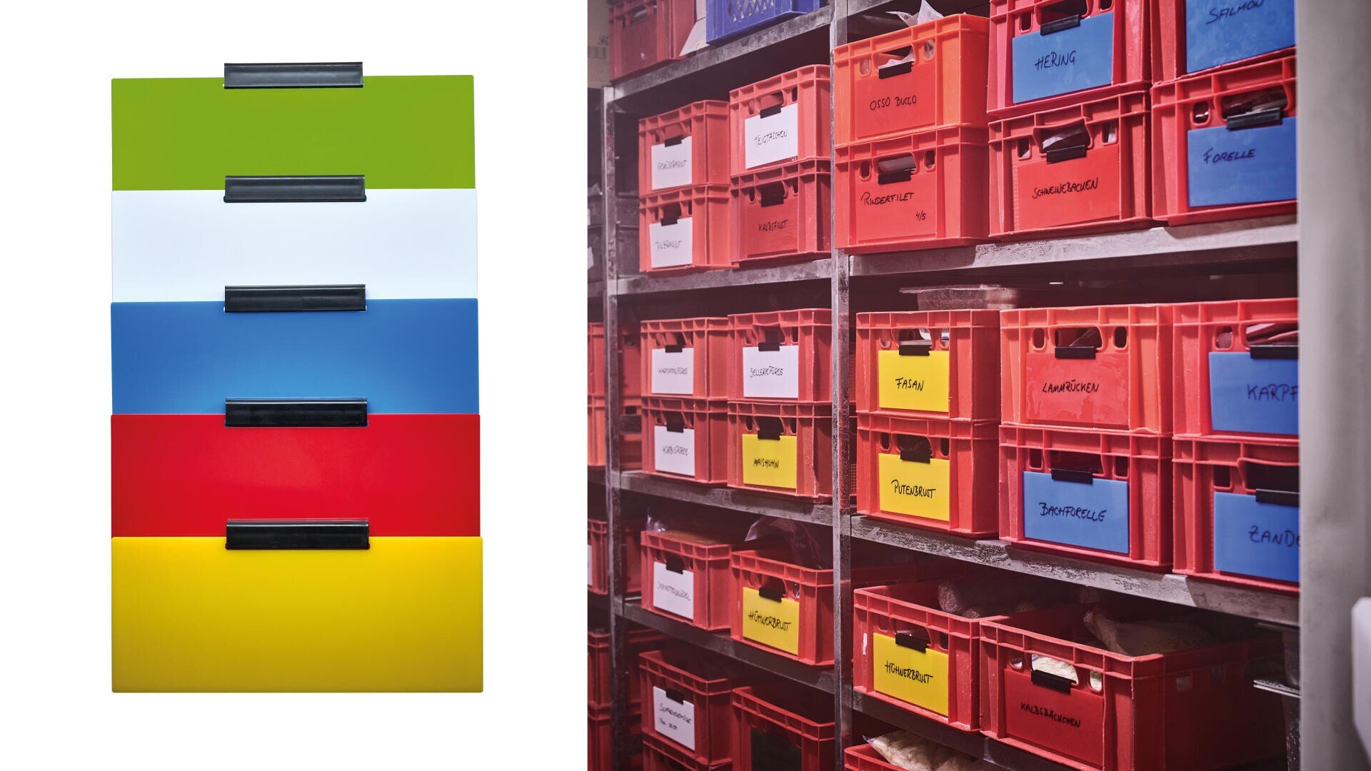 A colorful four-drawer cabinet (green, white, blue, yellow) is on the left, and shelves of red storage bins with white, blue, and yellow labels are on the right.