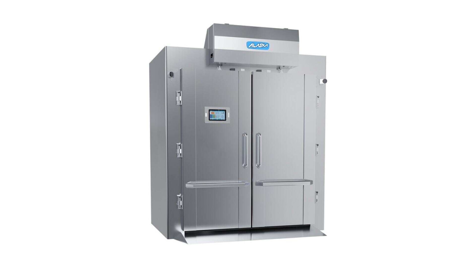 Large industrial stainless steel oven with double doors, digital control panel, and ventilation unit on top. The oven is standing on a white background.