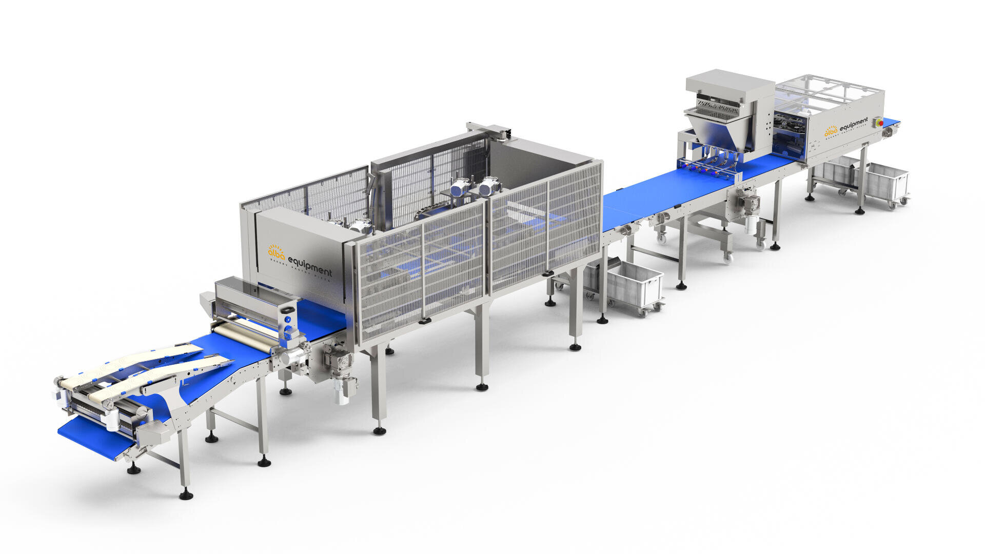 Automated industrial food processing machine with stainless steel frames and blue conveyor belts, featuring multiple sections for sorting, packaging, or handling products, set against a white background.
