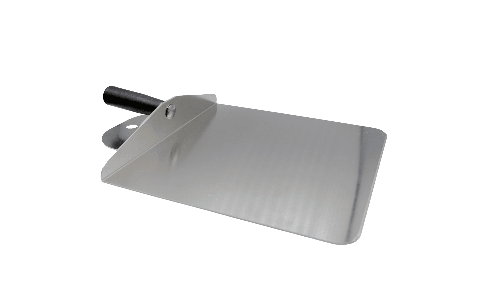 A metal pizza peel with a black handle that has a flat, rectangular surface and a slight angle for pushing pizzas in and out of the oven, shown on a white background.