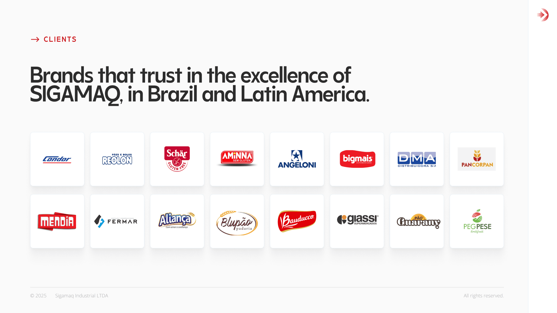 Ein Raster mit 16 Logos von Marken wie Schär, Angêlo, Bigmais, Panconfirm und anderen unter dem Titel „Marken, die auf die Exzellenz von SIGAMAQ® vertrauen, in Brasilien und Lateinamerika“.