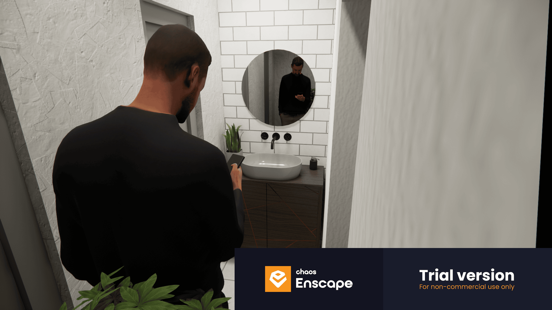 Ein Mann steht in einem modernen Badezimmer und schaut auf sein Handy. Sein Spiegelbild ist in einem runden Spiegel über einem Waschbecken mit weiß gefliesten Wänden zu sehen. Unten ist ein Wasserzeichen der Chaos Enscape-Testversion zu sehen.