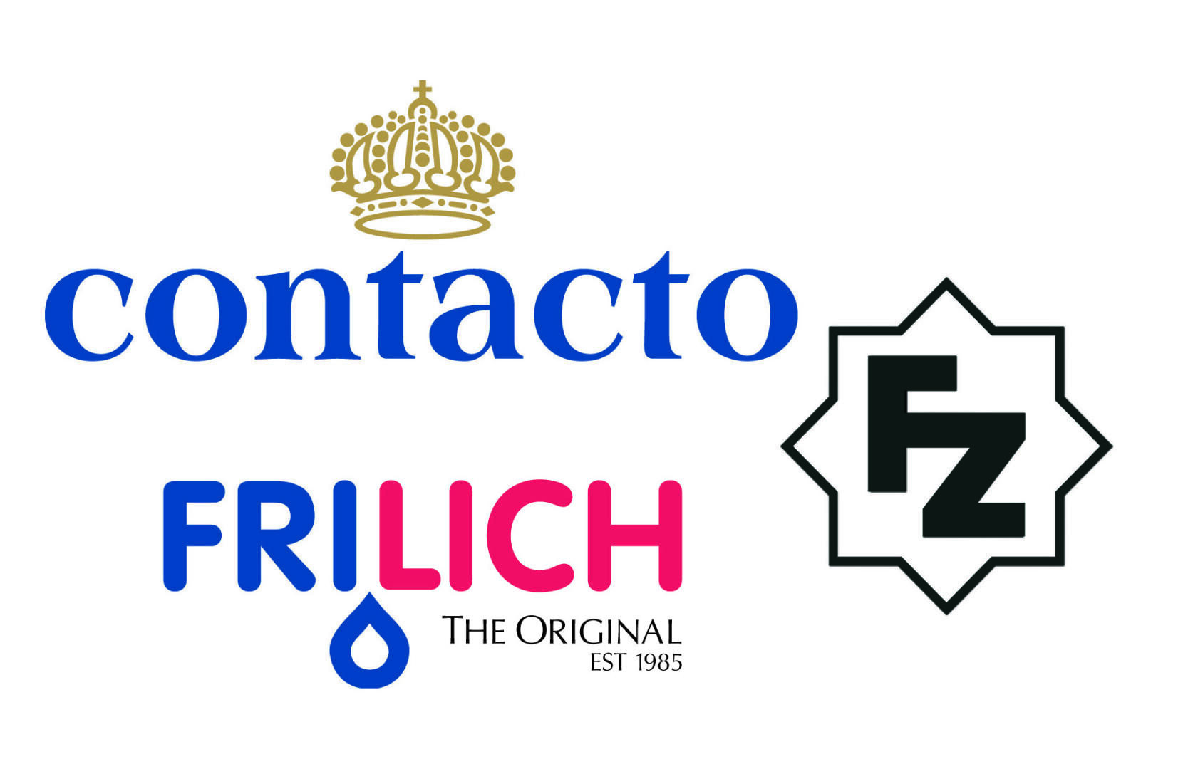 Logos for three brands: contacto in blue serif font with a gold crown above it, FRILICH in blue and pink with a water droplet, and FZ in black inside a star-like shape with THE ORIGINAL EST 1985 below.