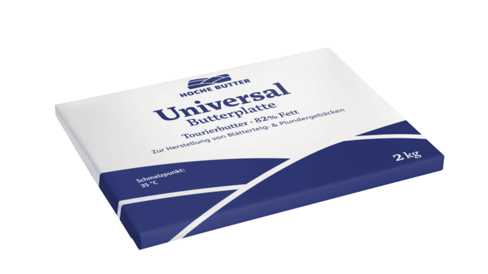 A rectangular 2kg package of Hoche Butter Universal Butterplatte, with blue and white design and German text indicating it is for pastries and laminated doughs.