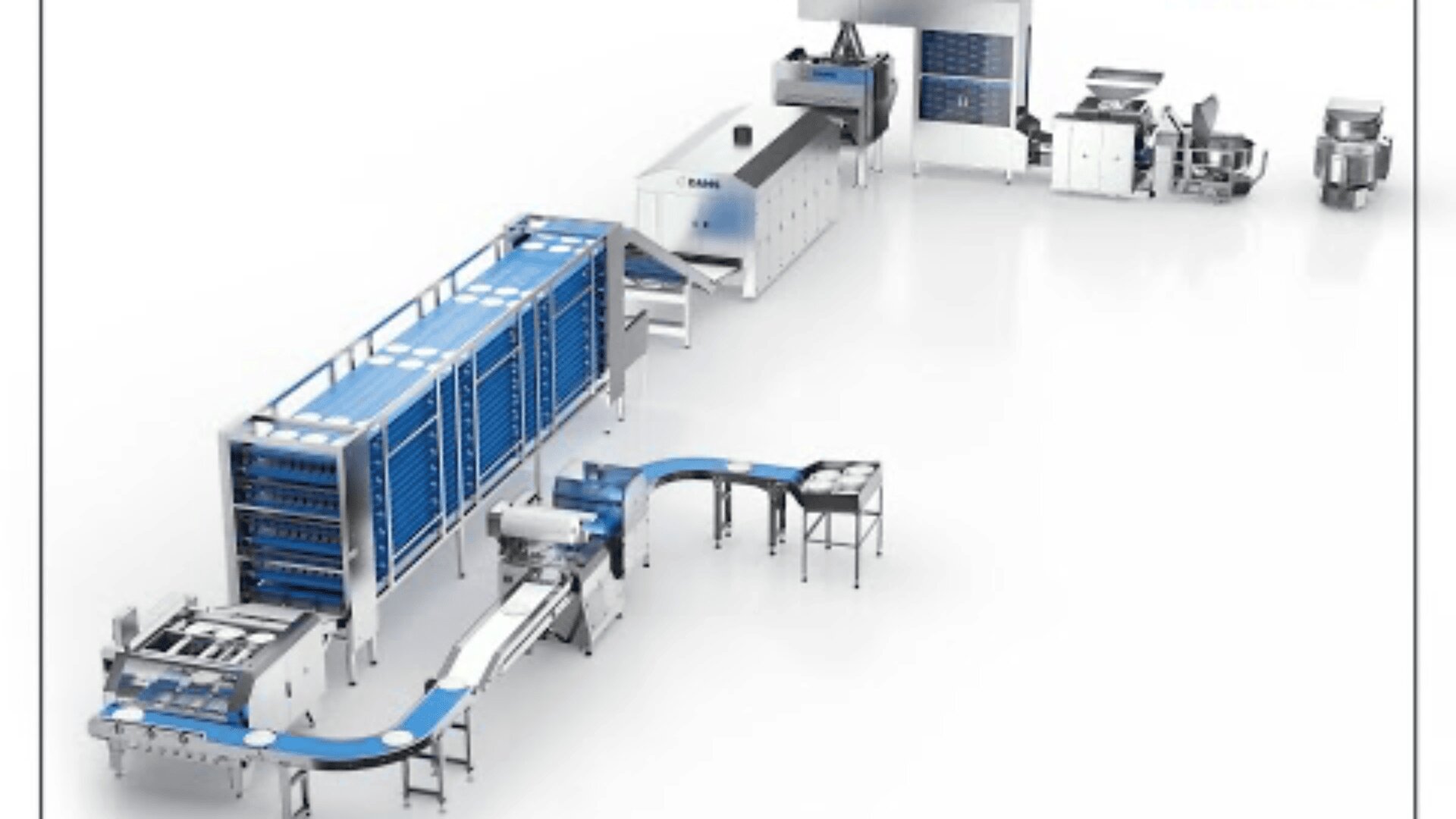 A modern automated food processing production line with conveyor belts, ovens, storage units, and machines all connected in a linear arrangement on a white background.