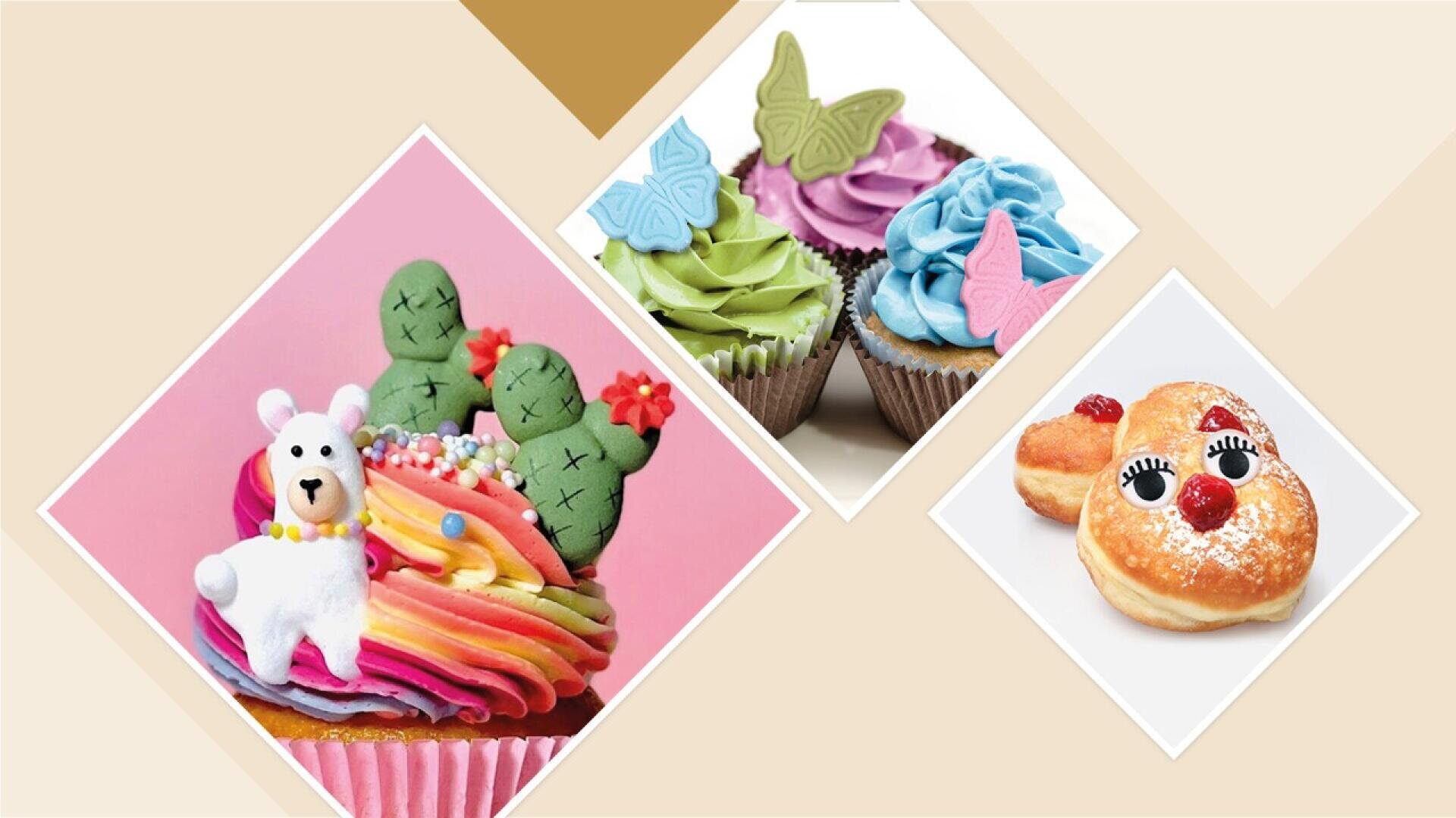 Three images of decorated desserts: a cupcake with a white bear, cacti, and rainbow icing; cupcakes with pastel butterfly toppers; and two donuts decorated with red noses and smiling faces.