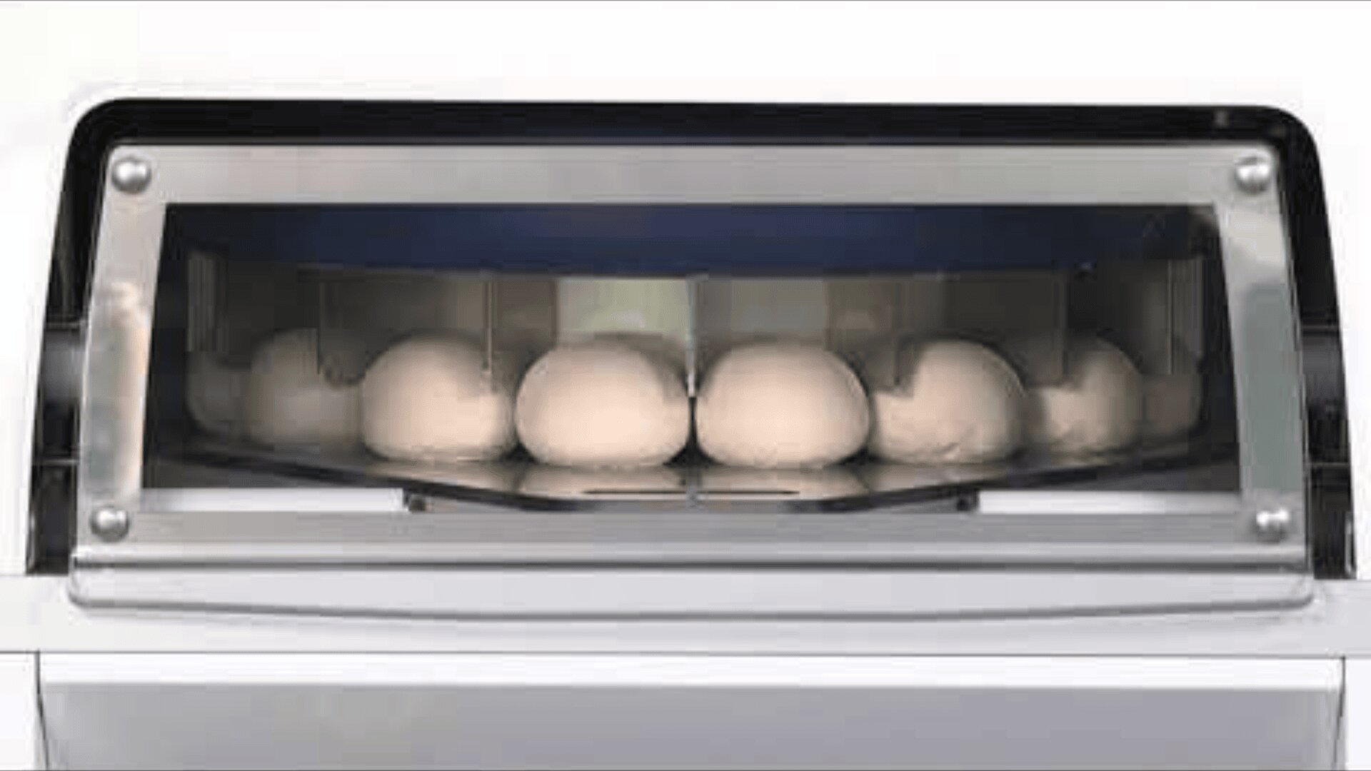 Several round balls of dough are lined up in a proofing machine and can be seen through a transparent window.