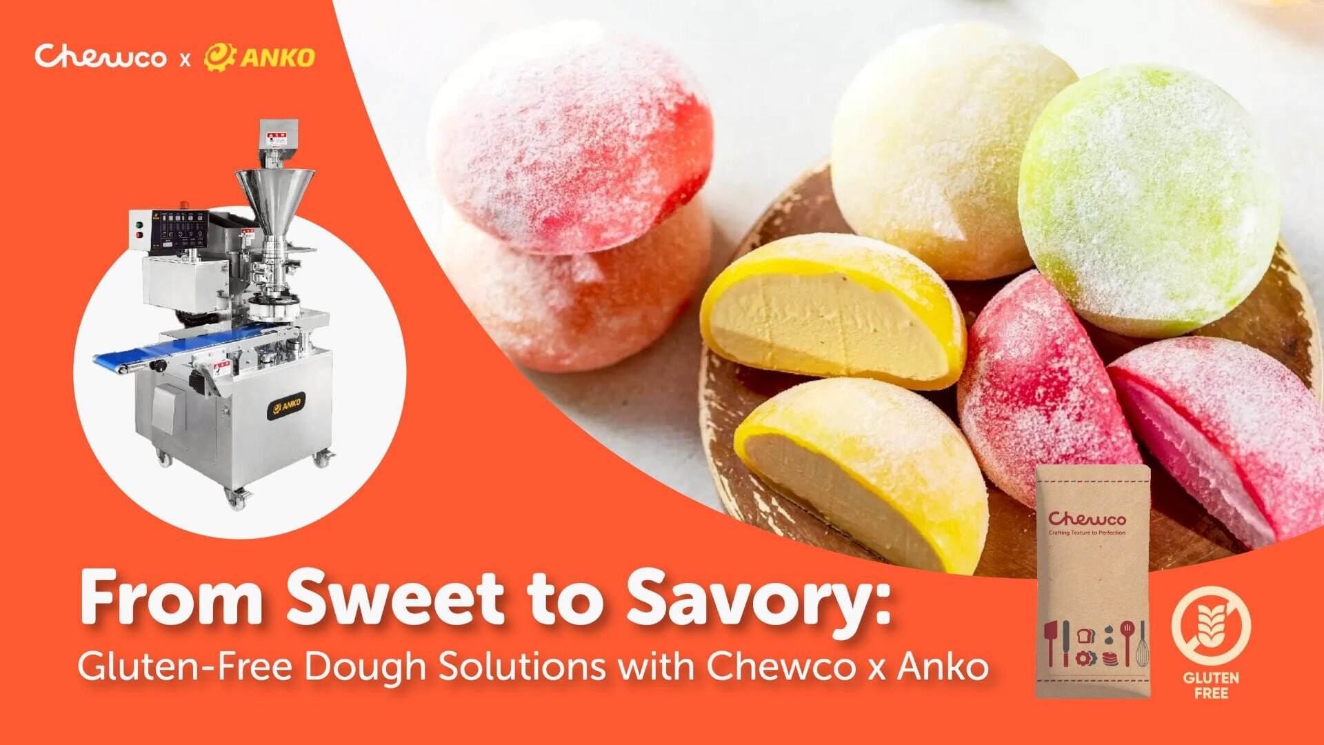 Colorful mochi desserts on a plate, a dough-making machine, and a gluten-free flour package on an orange background. Text reads: From Sweet to Savory: Gluten-Free Dough Solutions with Chewco x Anko.