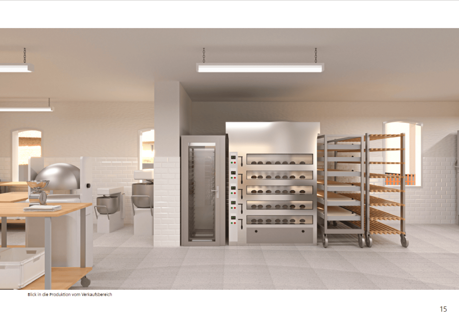 Eine moderne Bäckereiküche mit Industrieöfen, Metallgestellen mit Teigschalen, Edelstahlmixern und Arbeitstischen aus Holz, alles in einem sauberen, hellen Raum mit weiß gefliesten Wänden und viel Beleuchtung.