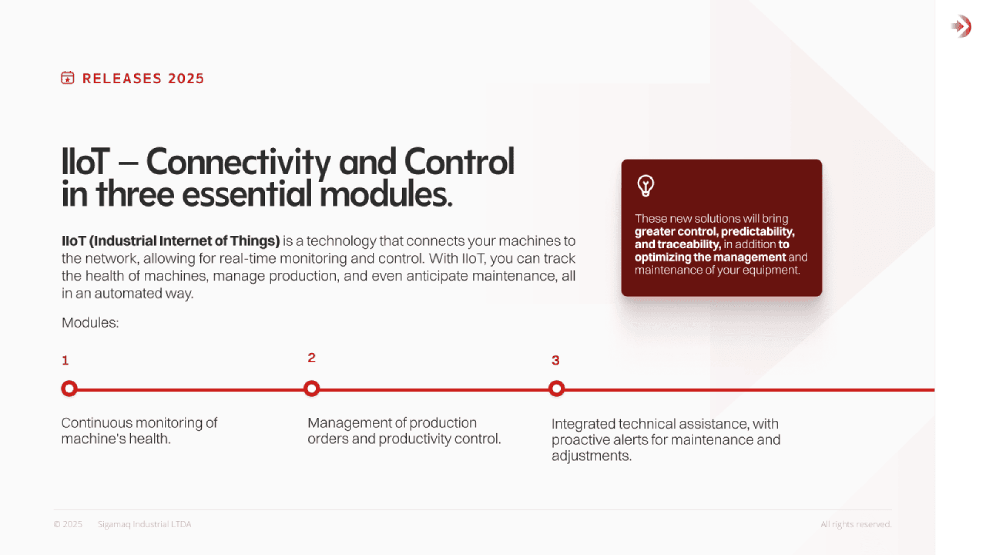 An infographic titled IIoT – Connectivity and Control in three essential modules explains IIoT and lists three modules: monitoring of machines, management of production orders, and technical assistance, with a highlighted note about new solutions.
