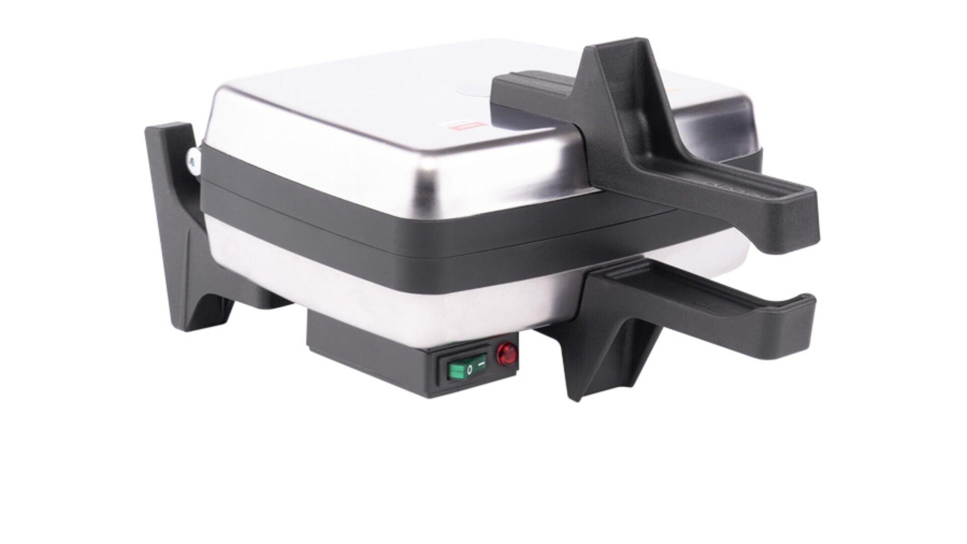 A stainless steel waffle maker with black handles and feet, featuring a control switch and indicator light on the front, displayed against a white background.