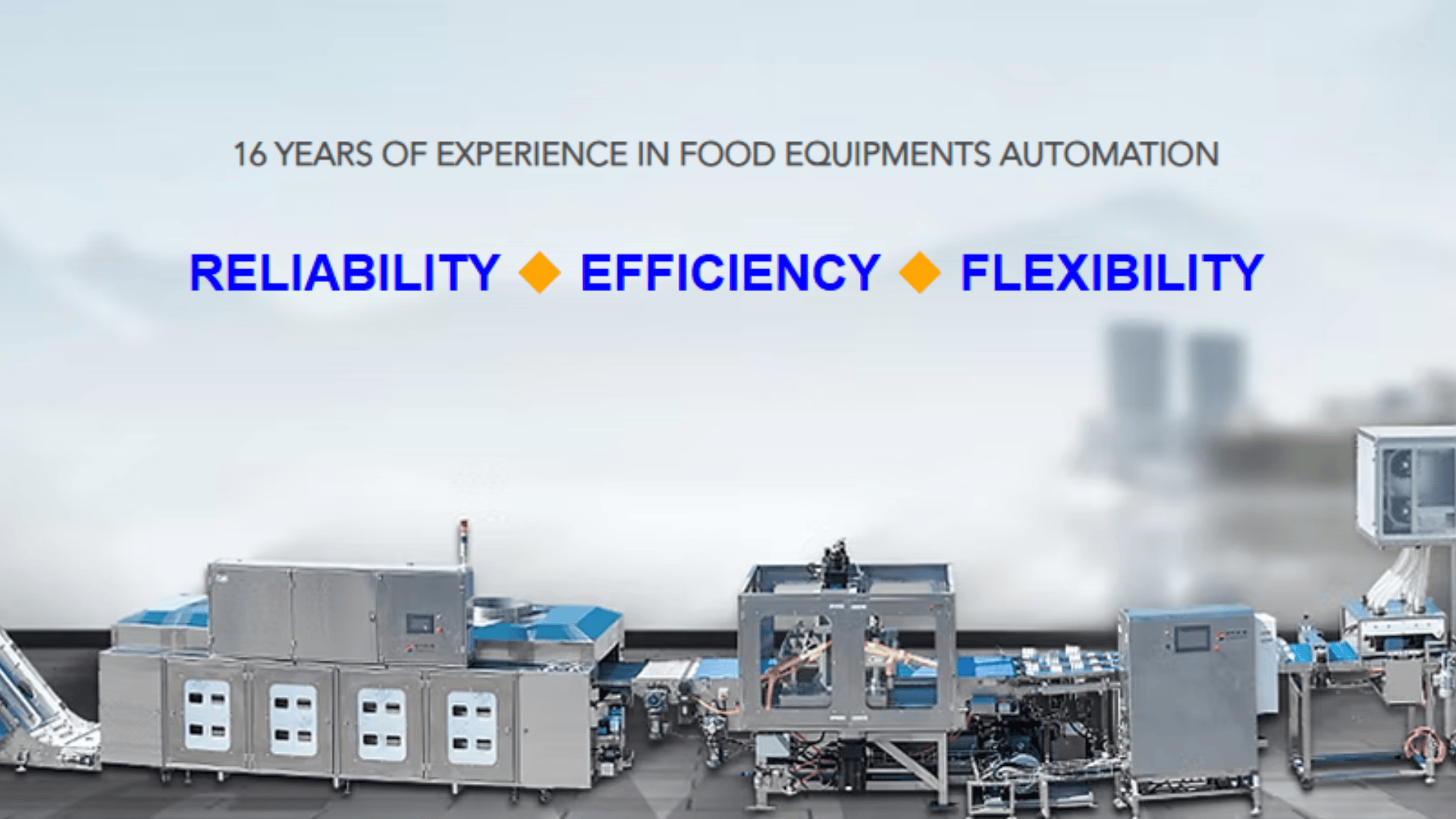 A row of industrial food processing machines with the text: “16 years of experience in food equipments automation. Reliability, Efficiency, Flexibility” displayed above in bold blue and orange letters.