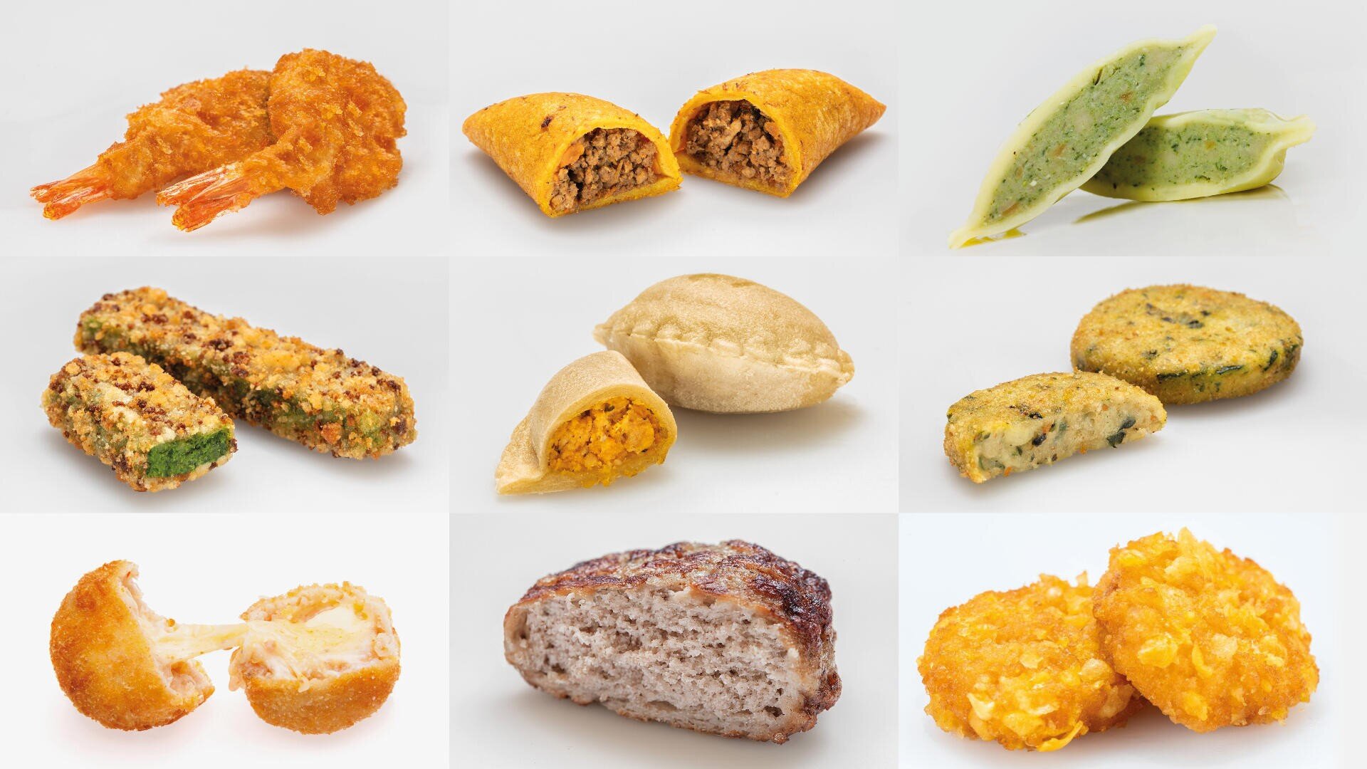 Ein Raster mit neun verschiedenen frittierten und gebackenen Fingerfoods, darunter Garnelen, Empanadas, Teigtaschen, Gemüsesticks, gefülltes Gebäck und Pastetchen, alles auf einem weißen Hintergrund dargestellt.