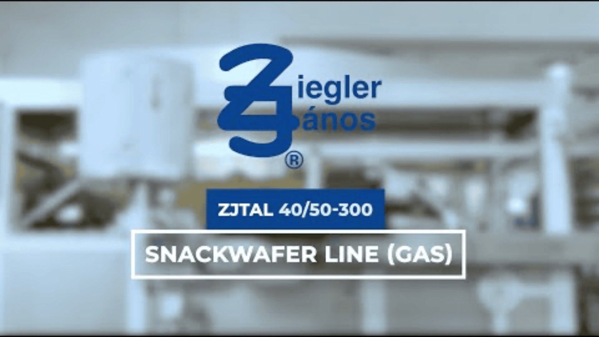 Blue Ziegler János logo above text ZJTAL 40/50-300 and SNACKWAFER LINE (GAS) on a blurred industrial background.