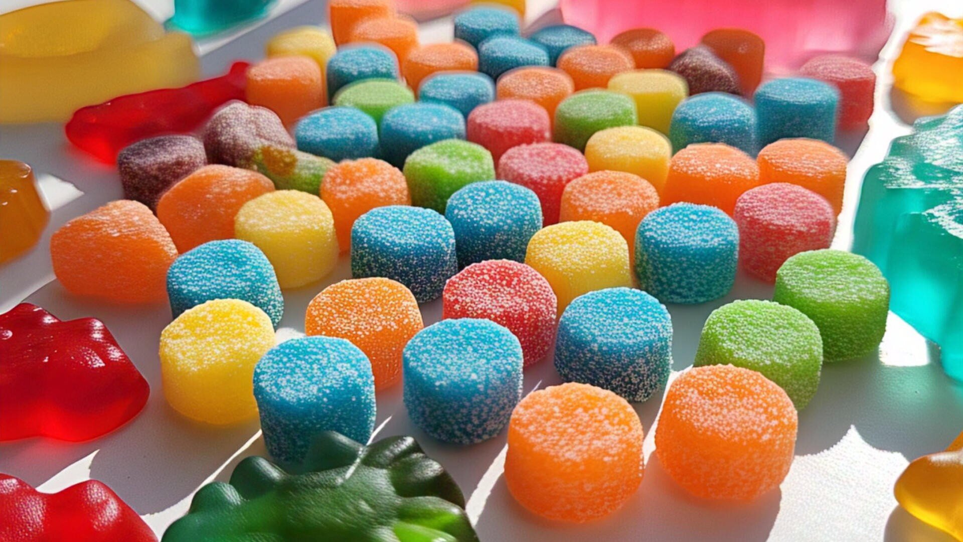 Colorful gumdrops and gummy candies are arranged on a white surface, with sunlight highlighting their sugar-coated textures and vibrant colors including blue, orange, yellow, red, and green.