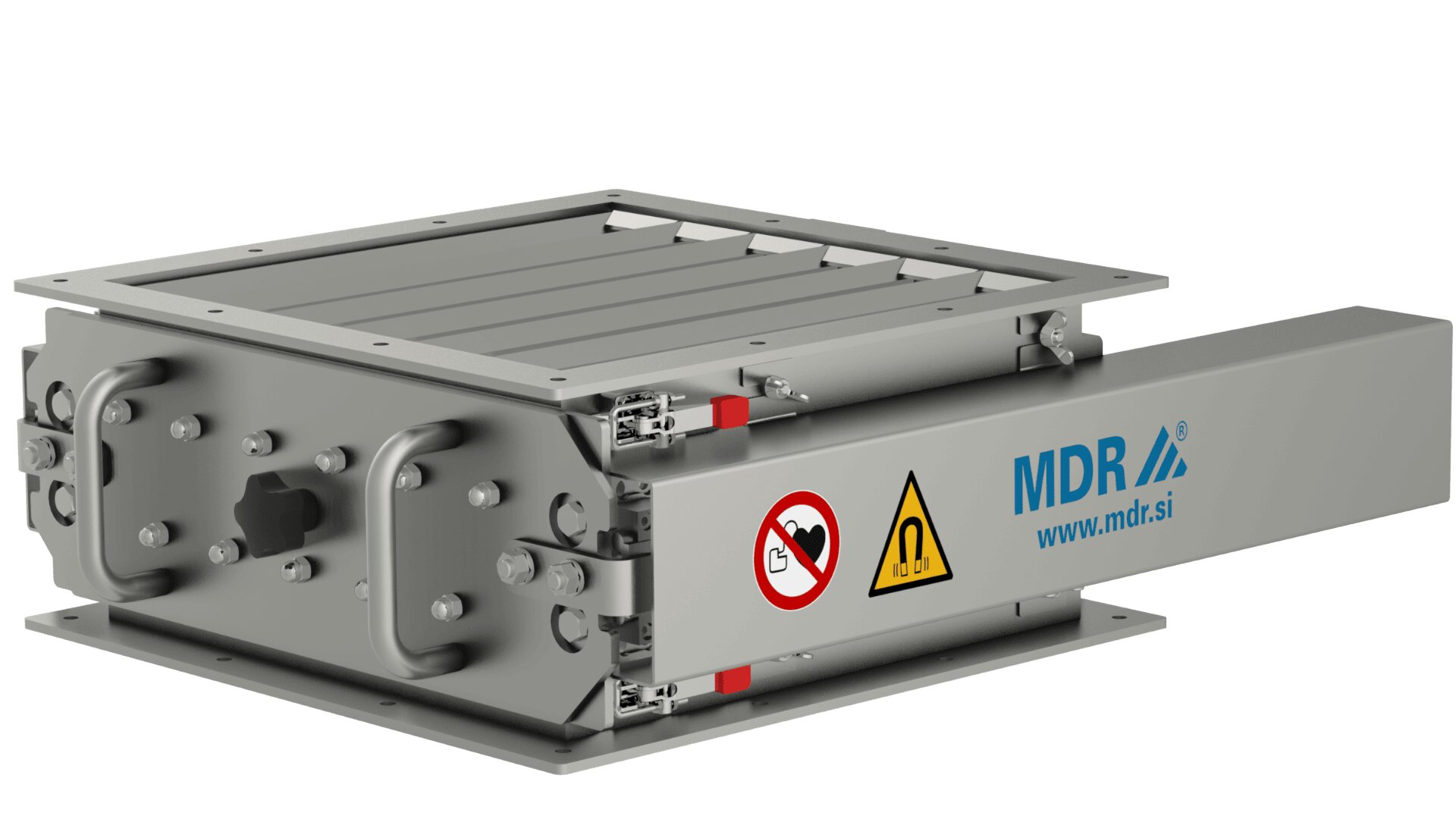 A rectangular industrial metal valve with handles, warning labels, and the MDR logo. The device has a sliding mechanism and is mounted on a sturdy frame. The website www.mdr.si is visible on the side.