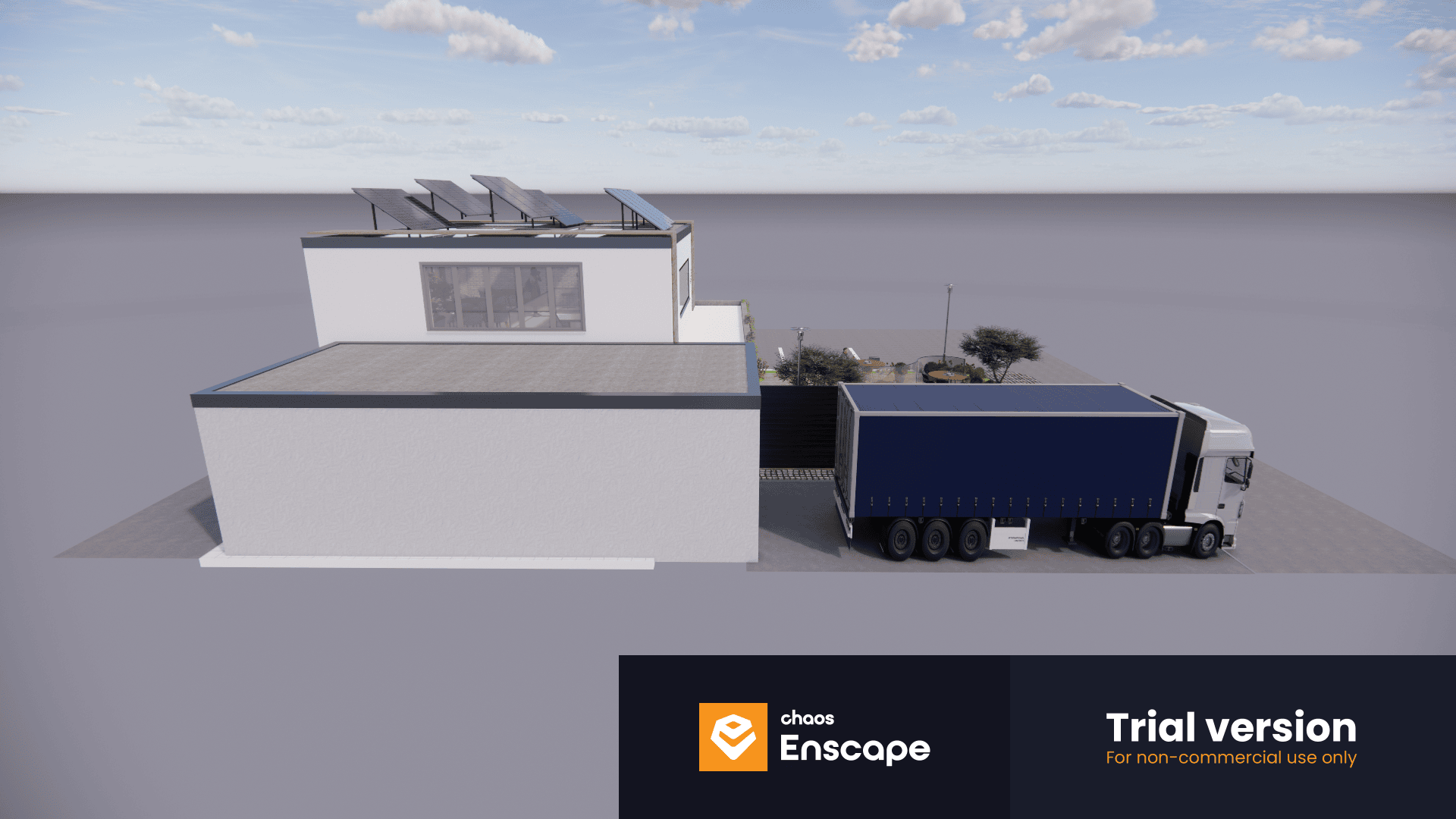 Ein weißes, modernes Gebäude mit Solarmodulen auf dem Dach steht neben einem geparkten blau-weißen Sattelschlepper. Hinter dem Gebäude sind einige Grünflächen und Bäume zu sehen. In der Ecke erscheint der Text der Enscape-Testversion.