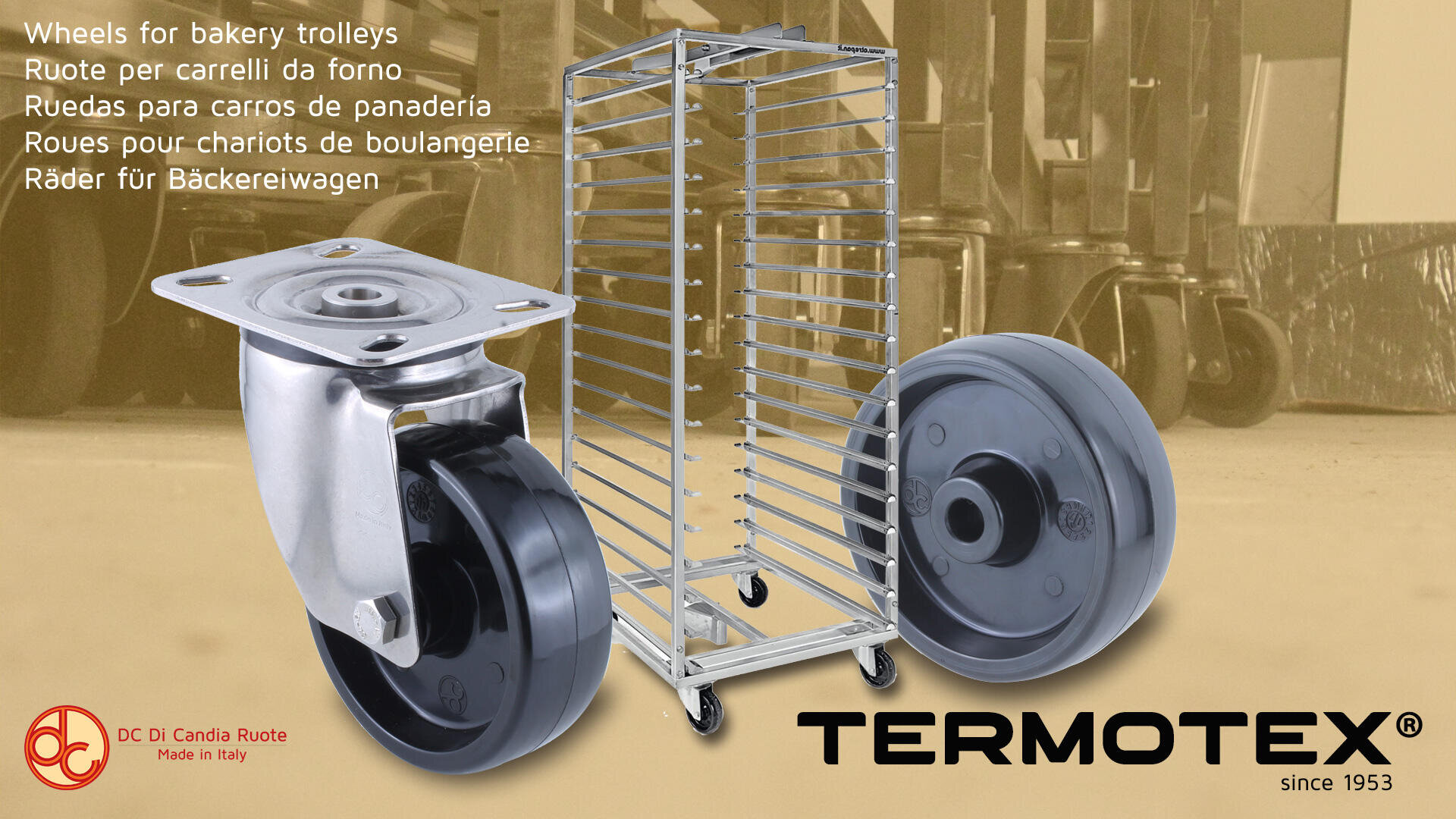 Bakery trolley with two large swivel casters on either side. The multilingual text reads Wheels for Bakery Trolleys. The Termotex logo and company seal appear on a beige background.