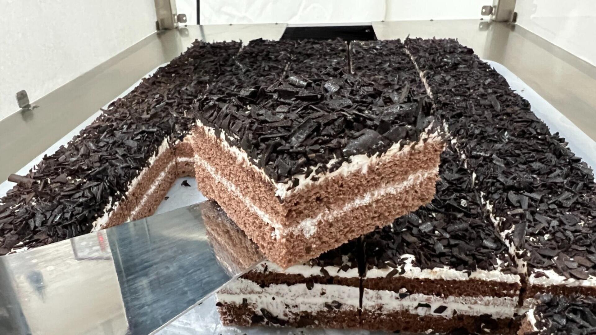 Eine große rechteckige Schokoladentorte mit Cremeschichten und Schokoladenraspeln obenauf, wobei ein Metallspatel ein quadratisches Stück von der Torte abhebt.