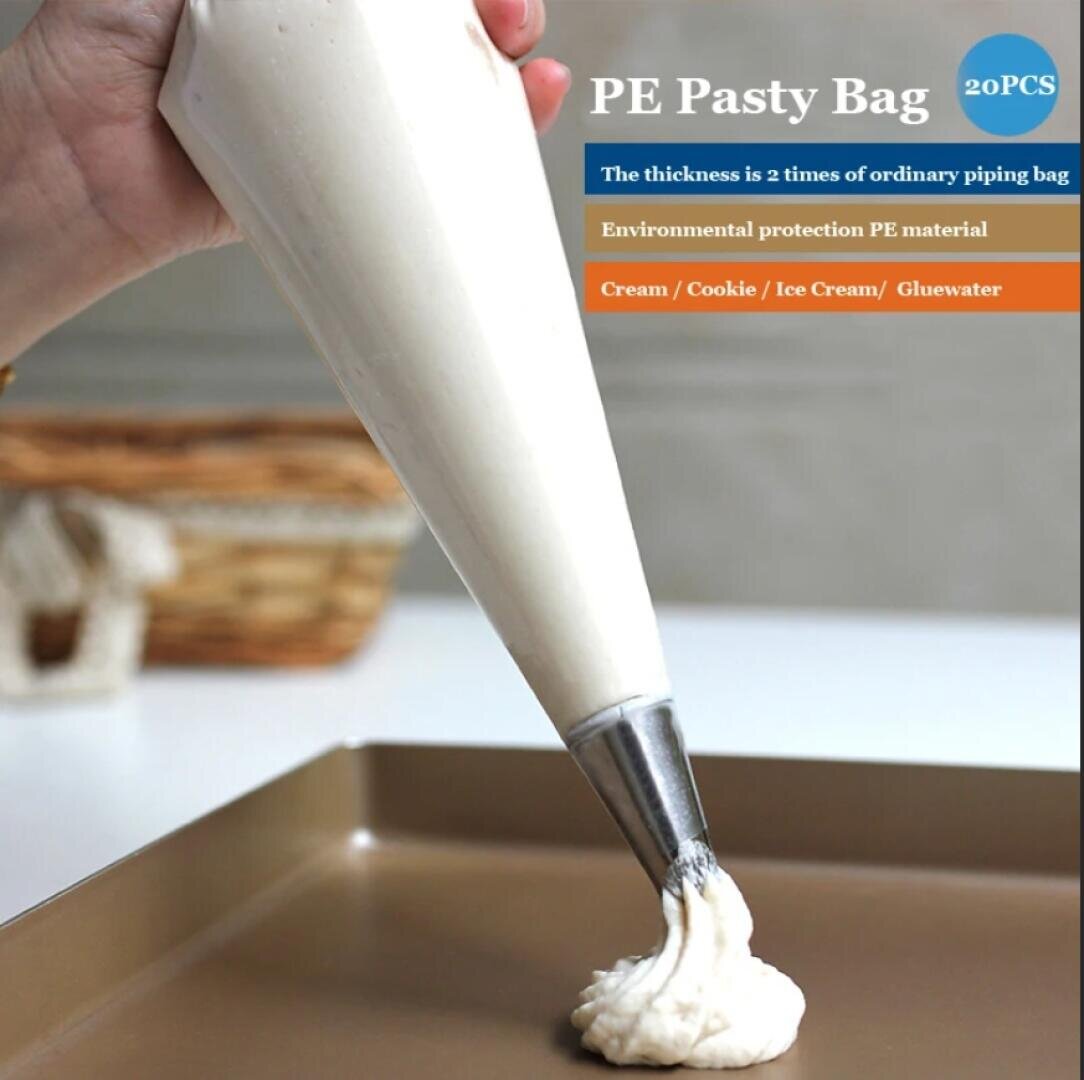 A hand squeezes white cream from a piping bag onto a baking tray. Text highlights features of the PE pastry bag, including extra thickness, environmental protection, and uses for cream, cookies, ice cream, and gluewater.