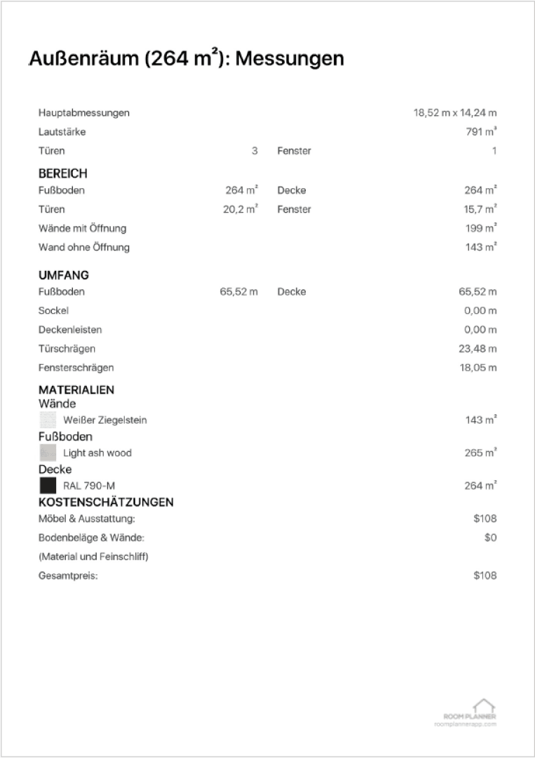 Black and white document in German listing exterior area measurements, materials, and cost estimates for a 264 m² space. Includes dimensions, wall and floor materials, and furniture costs. Small house logo in the bottom right corner.