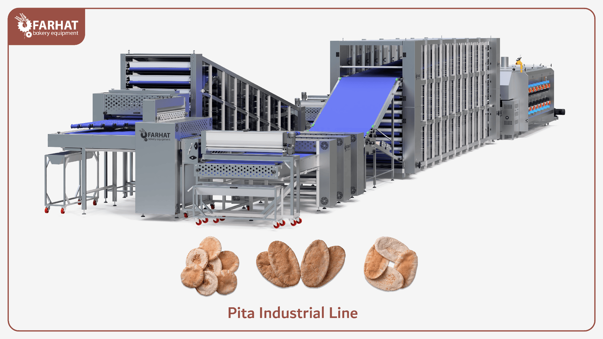 A large, modern pita bread production machine with conveyor belts and rollers. Five different pita breads are shown in front. Text reads Pita Industrial Line and FARHAT bakery equipment in the top left corner.