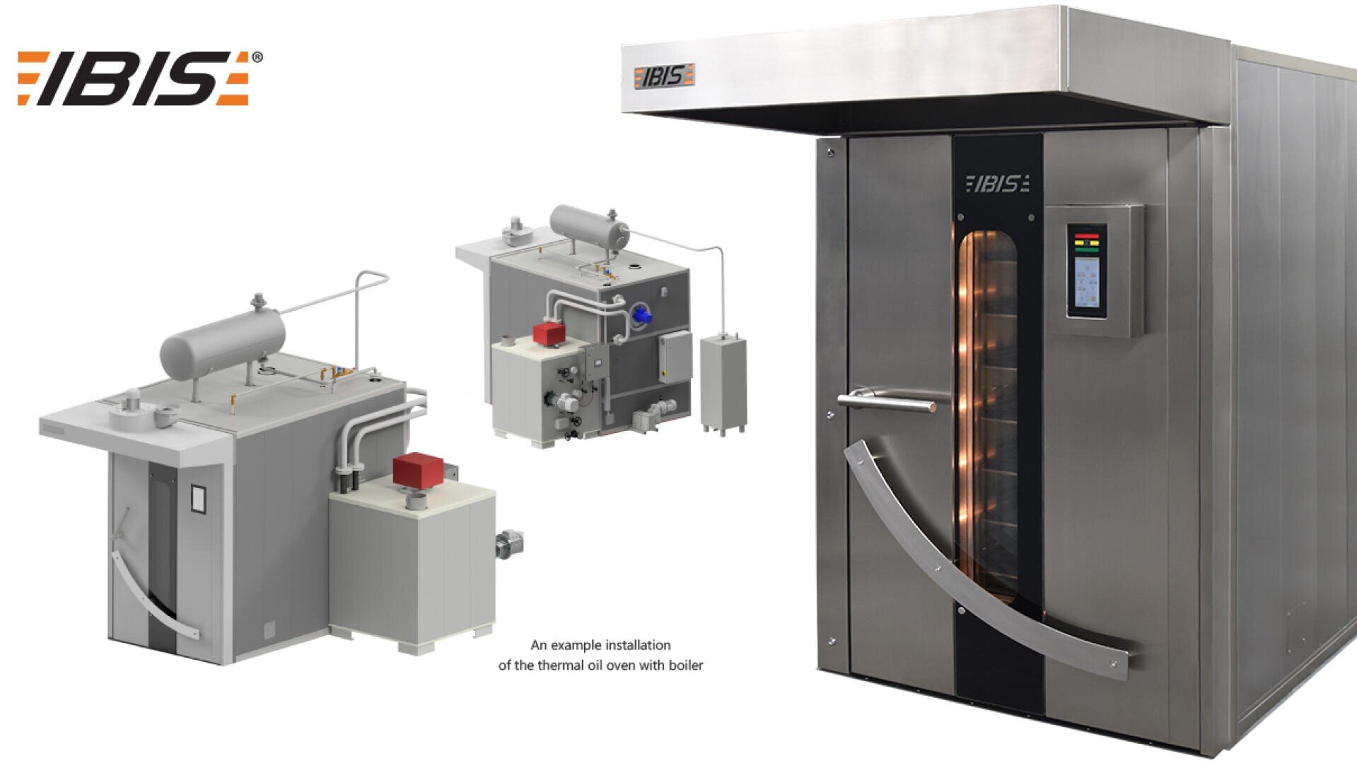 A large industrial oven with the IBIS logo, featuring a digital control panel and glass door. Two smaller diagrams show the oven’s thermal oil boiler installation.
