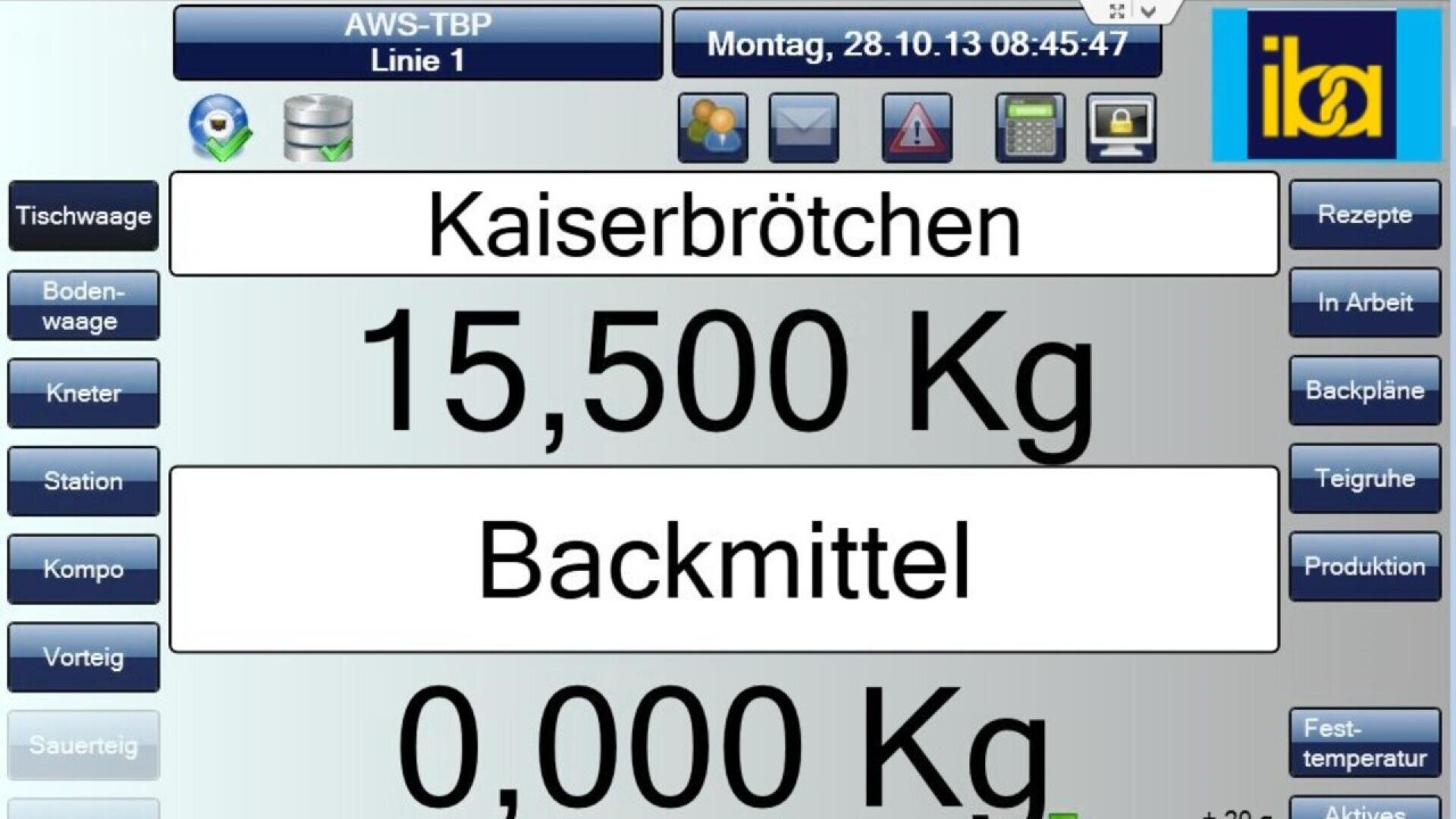 A digital control panel displays Kaiserbrötchen 15,500 Kg and Backmittel 0,000 Kg with various buttons and icons. The date shown is Monday, 28.10.13, and the ita logo appears in the top right corner.