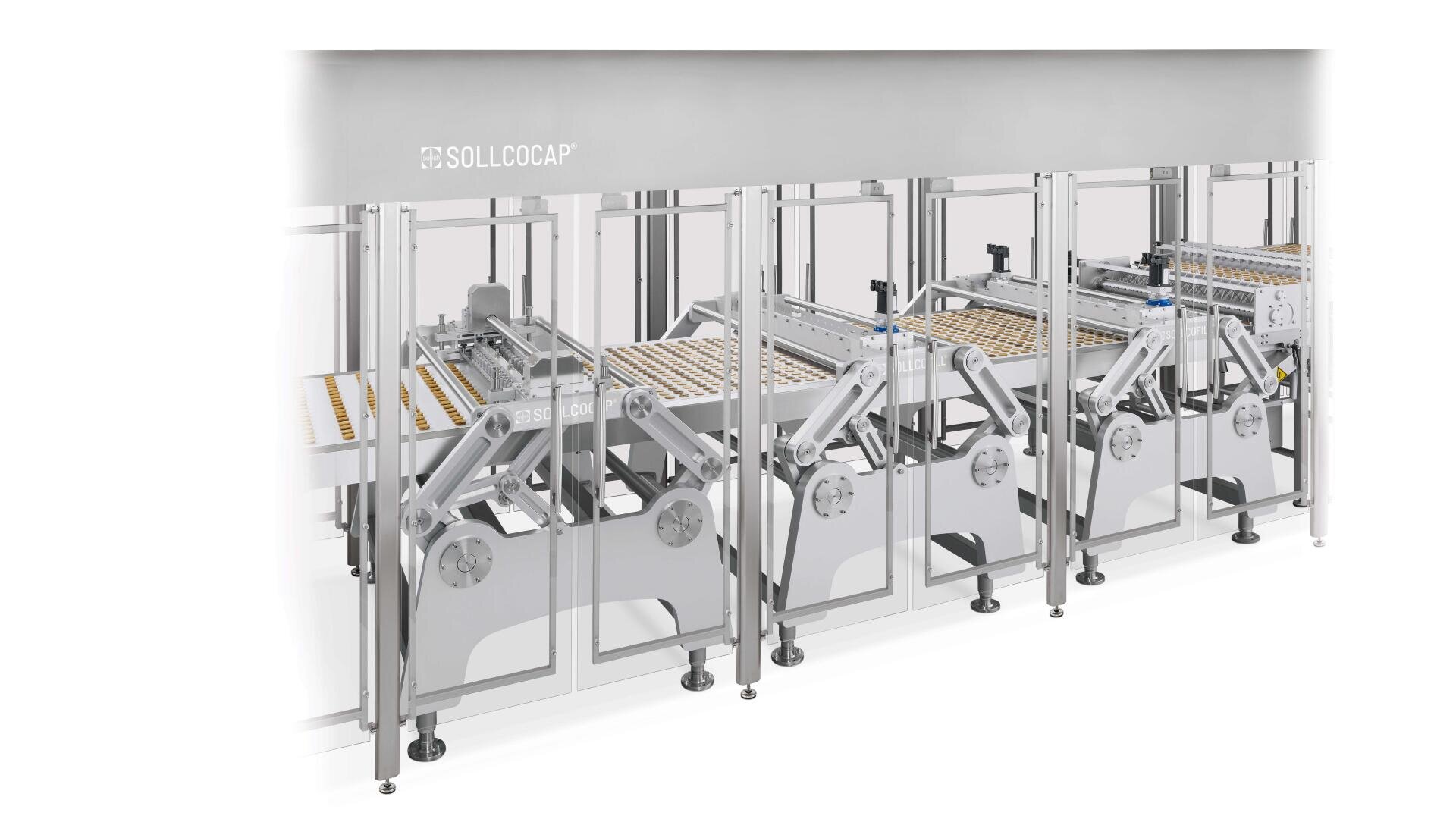 Automatisierte industrielle Verpackungsmaschine mit Förderbändern und Roboterarmen zum Aufsetzen von Deckeln auf Behälter, eingeschlossen in einem Glas- und Metallrahmen mit der Aufschrift "SOLLOCAP".