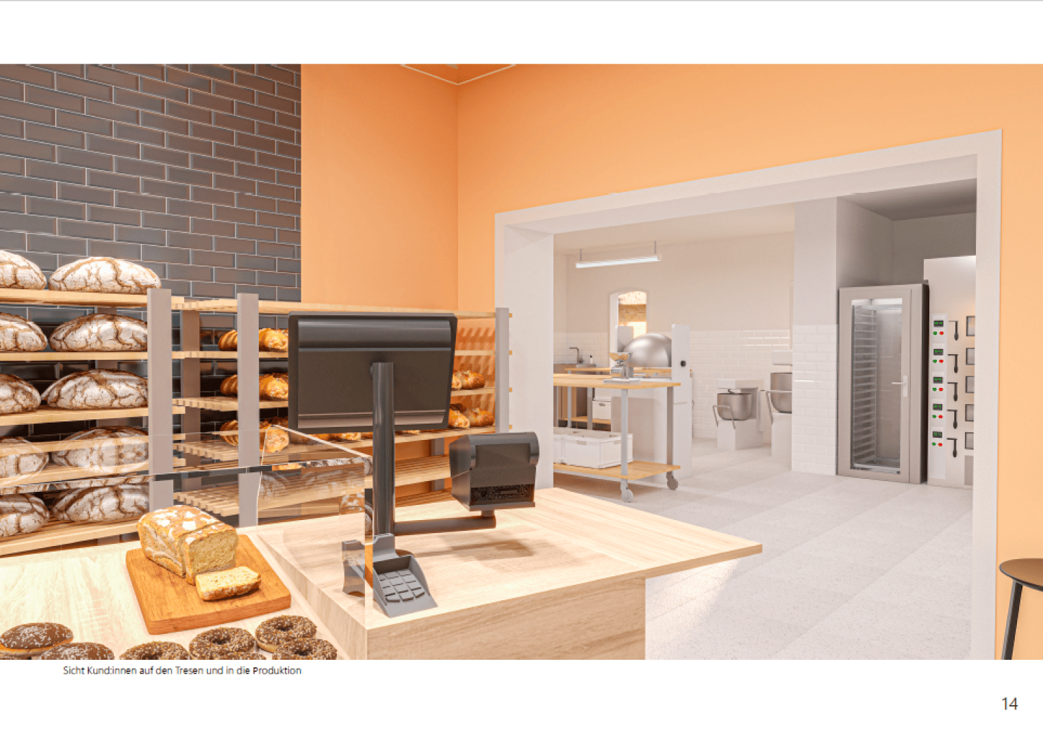 Eine moderne Bäckerei mit Brotregalen, einer Kasse mit Monitor und Kartenleser sowie Blick in den Küchenbereich mit Backöfen und Backgeräten. Die orange-grauen Wände schaffen eine warme Atmosphäre.
