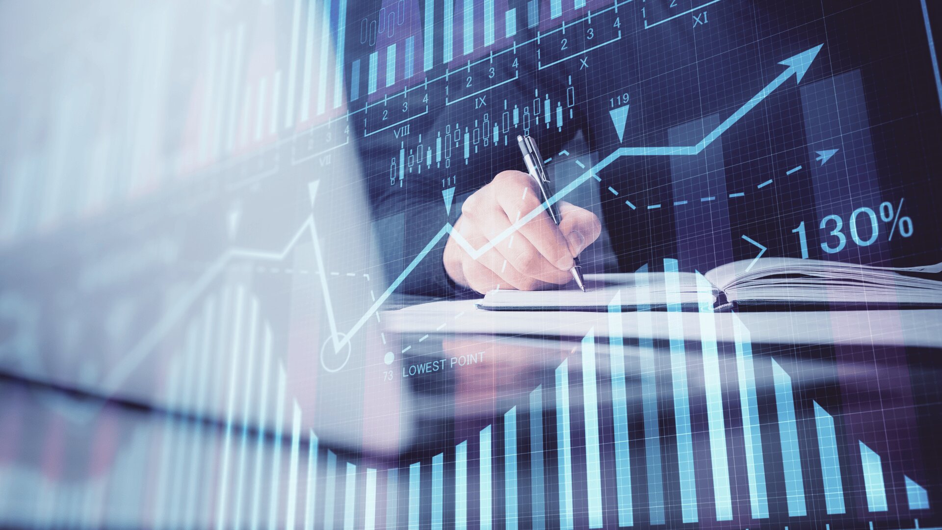 A hand writes in a notebook with overlaid graphics showing rising financial charts, bar graphs, and percentage increases, symbolizing business growth, market analysis, and financial planning.