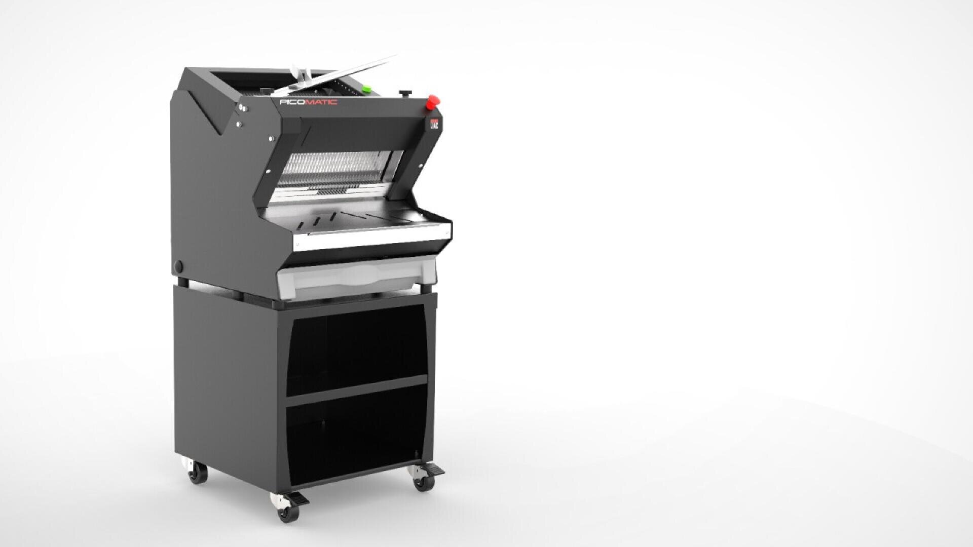A black industrial machine with a transparent lid, control buttons, and a storage compartment on wheels, set against a white background.