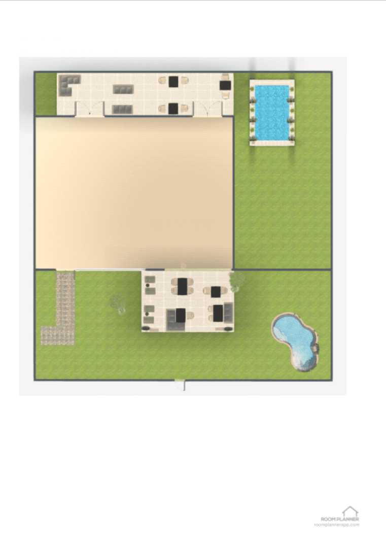 Top-down view of a property layout with a central building, two separate sections, a rectangular pool at the top right, a kidney-shaped pool at the bottom right, and open green spaces.