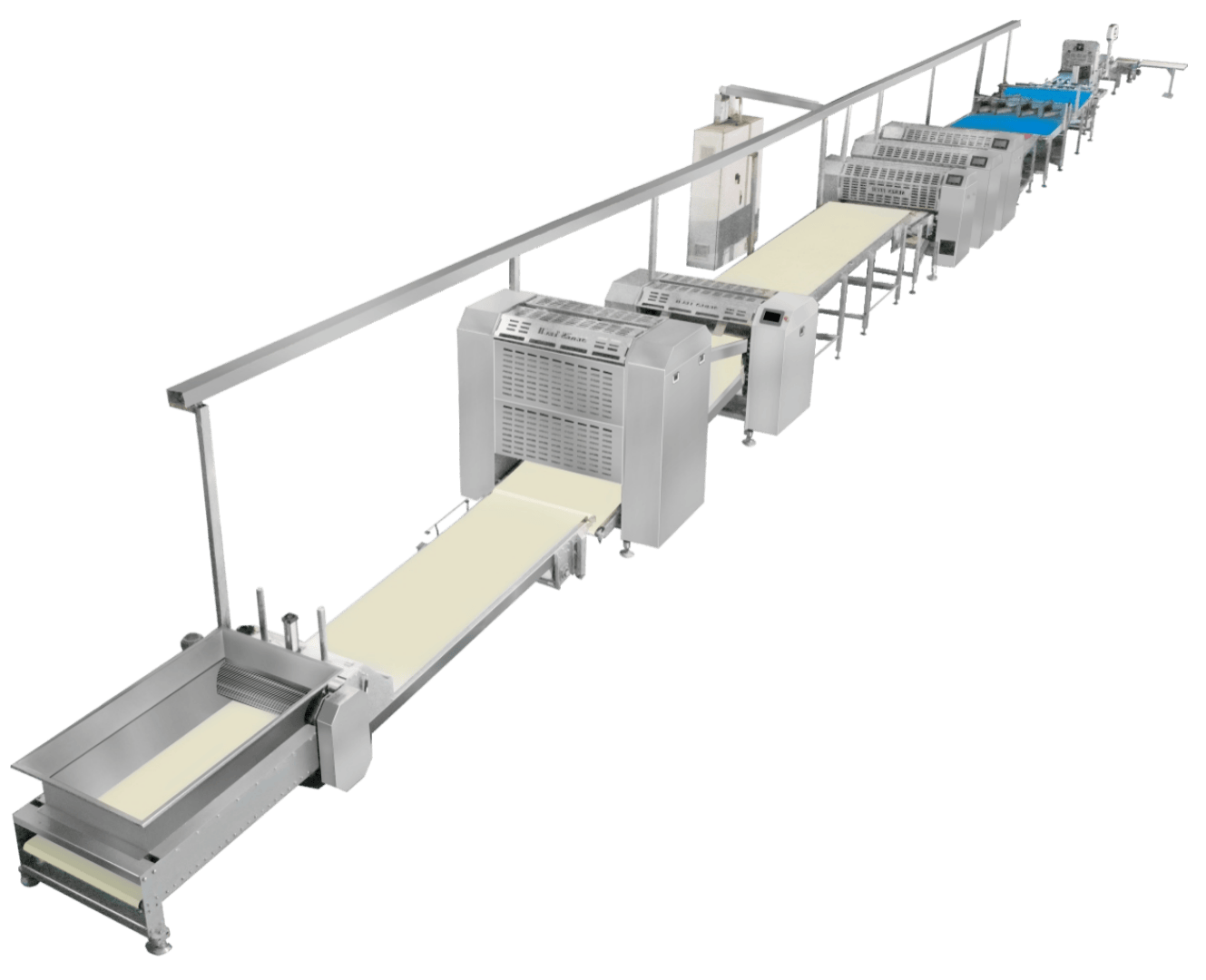 A stainless steel industrial food processing machine with multiple conveyor belts, sections, and rollers, designed for automated production, possibly of dough or pastry products.