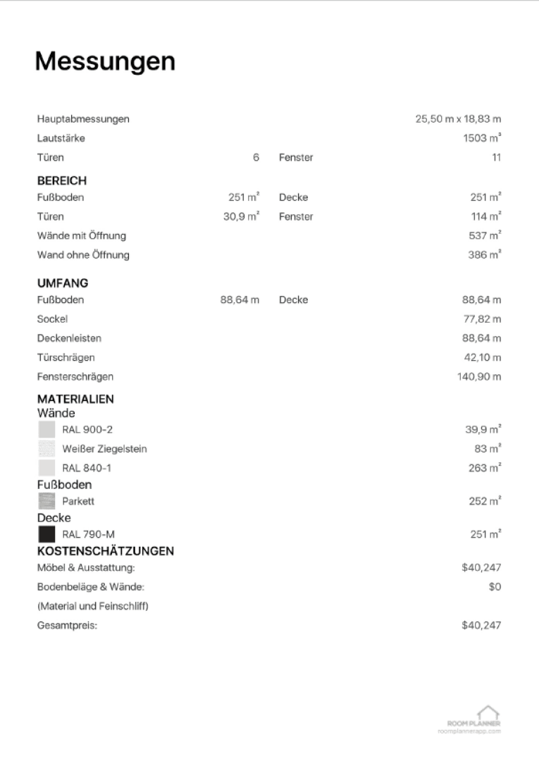 A construction measurement sheet in German lists dimensions, areas, and material quantities for a building, including wall, floor, and ceiling specs, as well as cost estimates totaling $40,247. ROOPER & PARTNER logo is at the bottom.