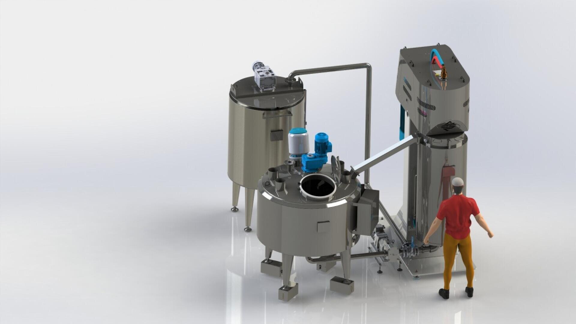 A person stands near an industrial processing machine with three large stainless steel tanks connected by pipes, motors, and control units on a white background.