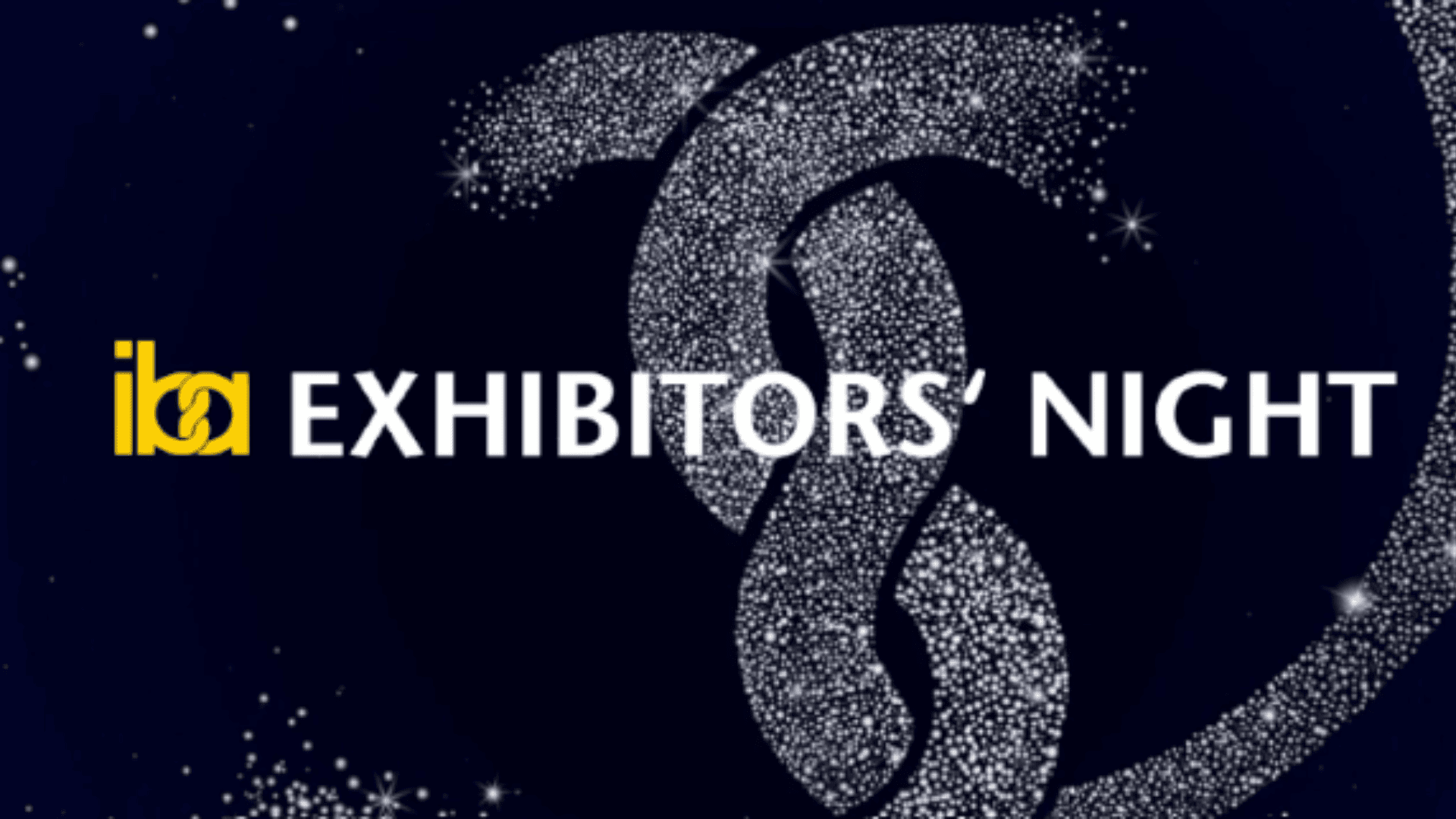 Text zur Iba-Ausstellernacht mit glitzernden, ineinander verschlungenen bandartigen Formen auf einem dunklen, sternenbesetzten Hintergrund.