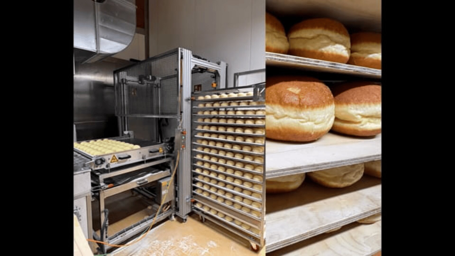 A commercial bakery setting showing a machine beside a tall rack filled with trays of round dough and freshly baked bread rolls. Close-up on the right displays golden, fluffy bread rolls on metal shelves.