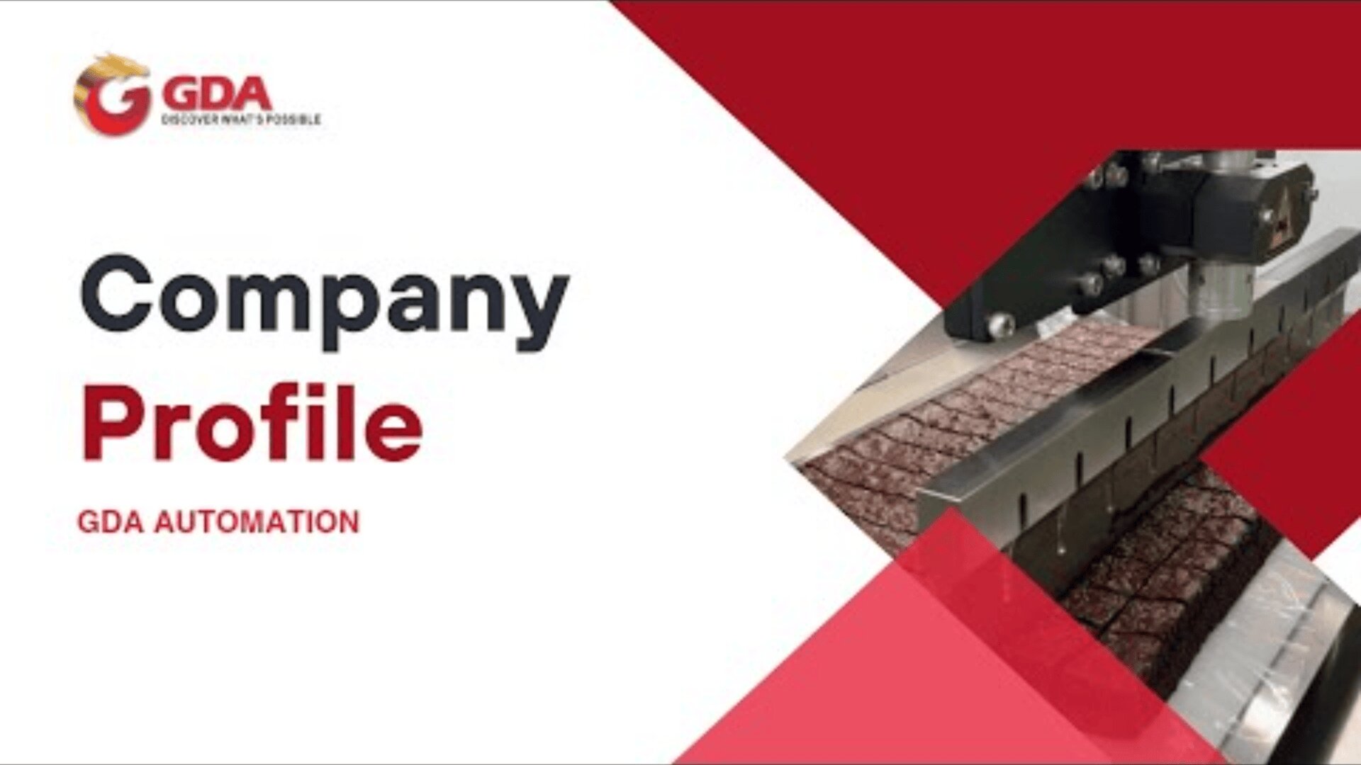 Company profile of GDA Automation with logo and slogan Discover Whats Possible, bold text and a close-up of an industrial machine cutting a textured material on the right.